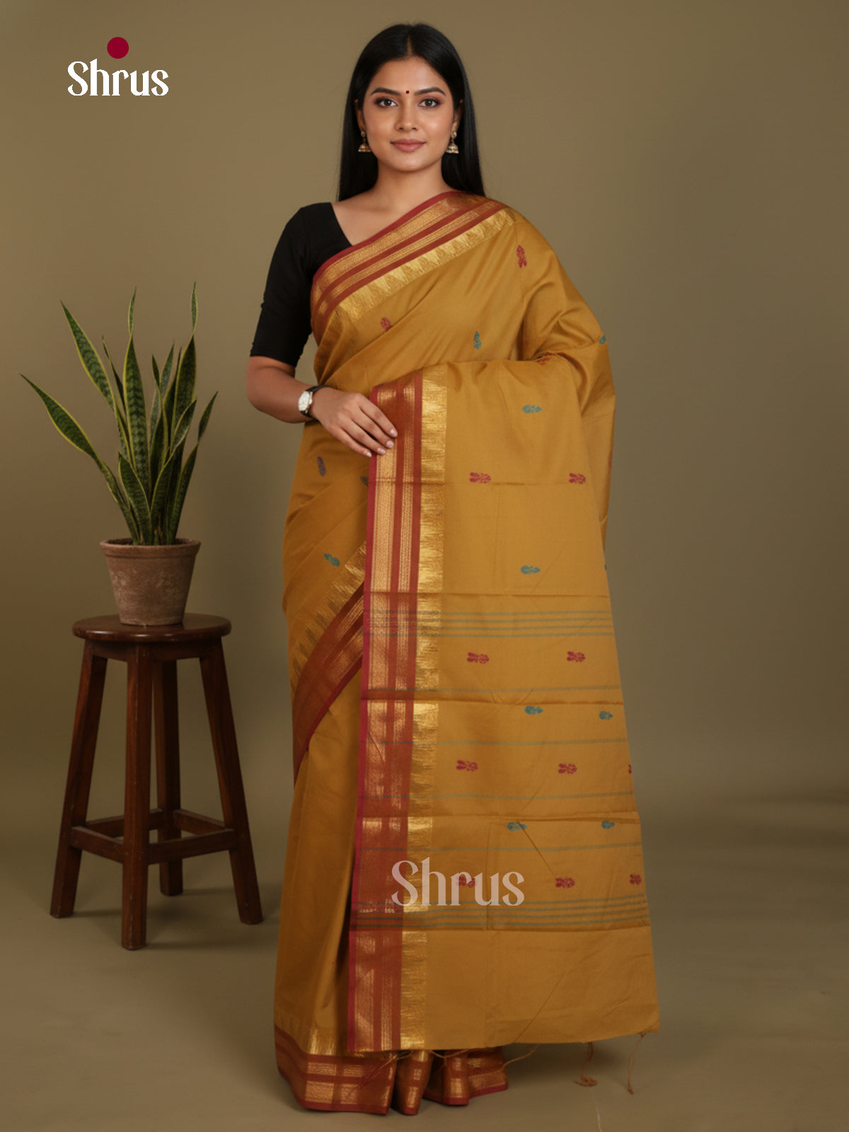 Mustardy Green & Maroon - Chettinad Mix Cotton-Without Blouse Saree- DLS06042 - Shop on Shrus.com