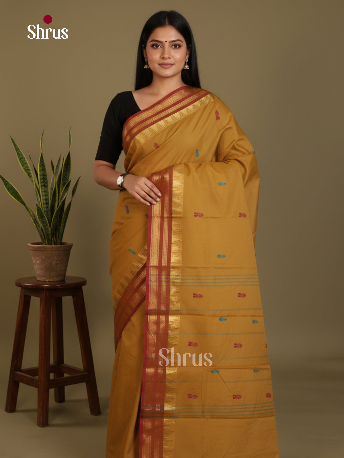 Mustardy Green & Maroon - Chettinad Mix Cotton-Without Blouse Saree- DLS06042 - Shop on Shrus.com