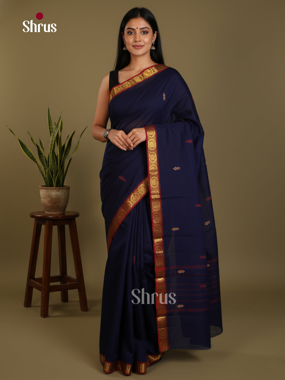 Navy Blue & maroon - Chettinad Mix Cotton-Without Blouse Saree- DLS06066 - Shop on Shrus.com