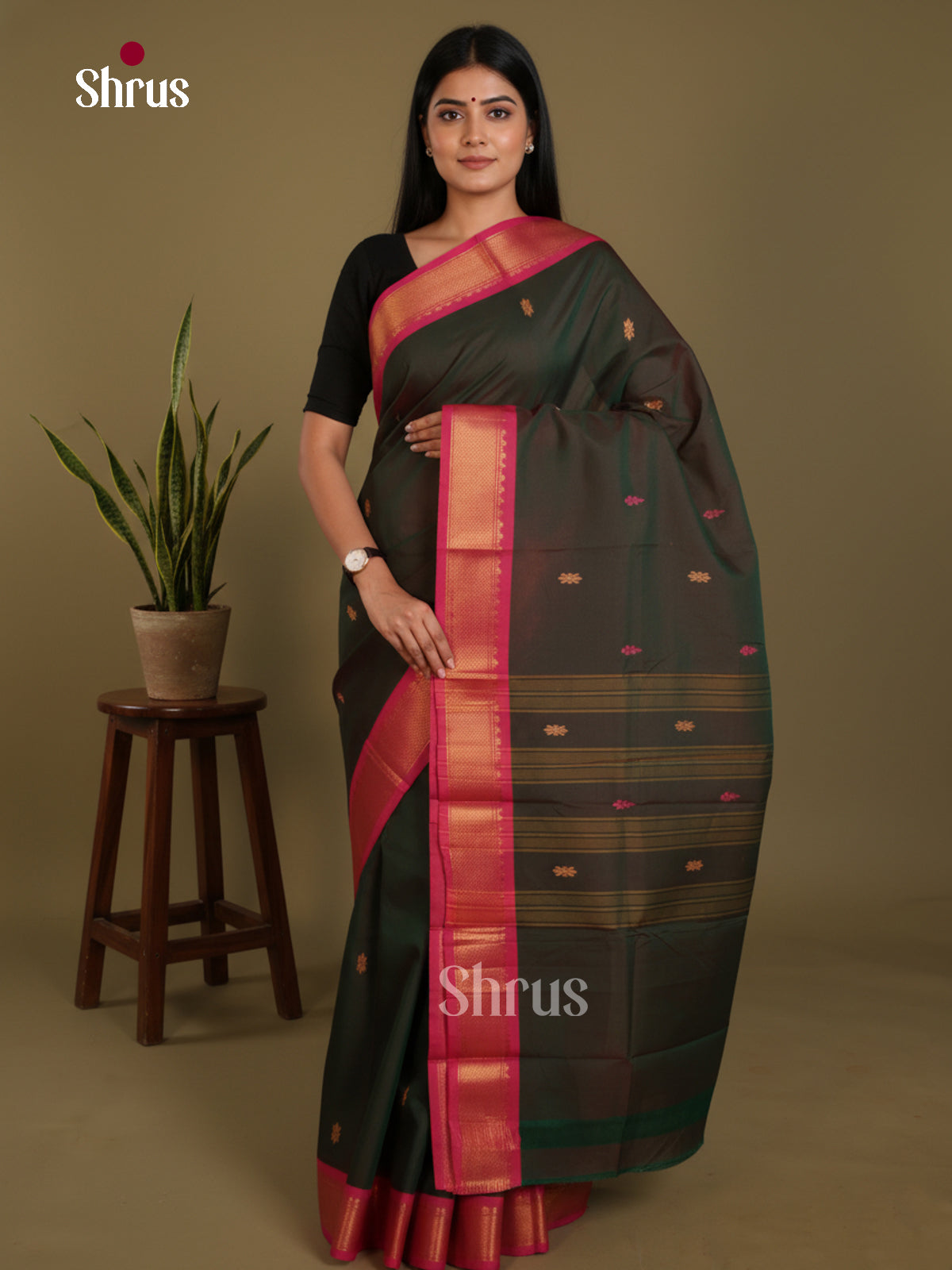 Dark Green & Pink - Chettinad Mix Cotton-Without Blouse Saree-DLS06067 - Shop on Shrus.com