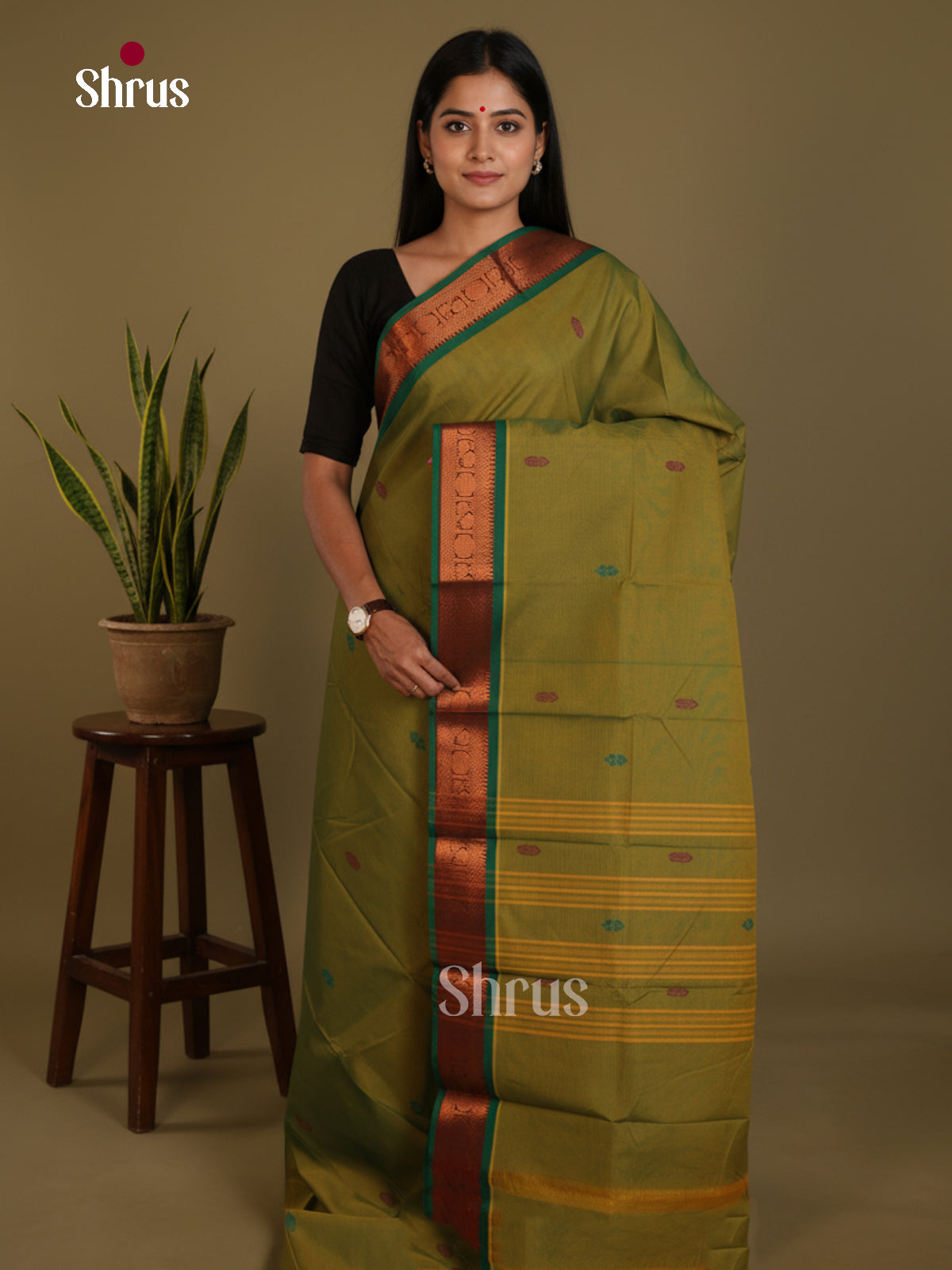 Mehandi Green & Green - Chettinad Mix Cotton-Without Blouse Saree-DLS06074 - Shop on Shrus.com