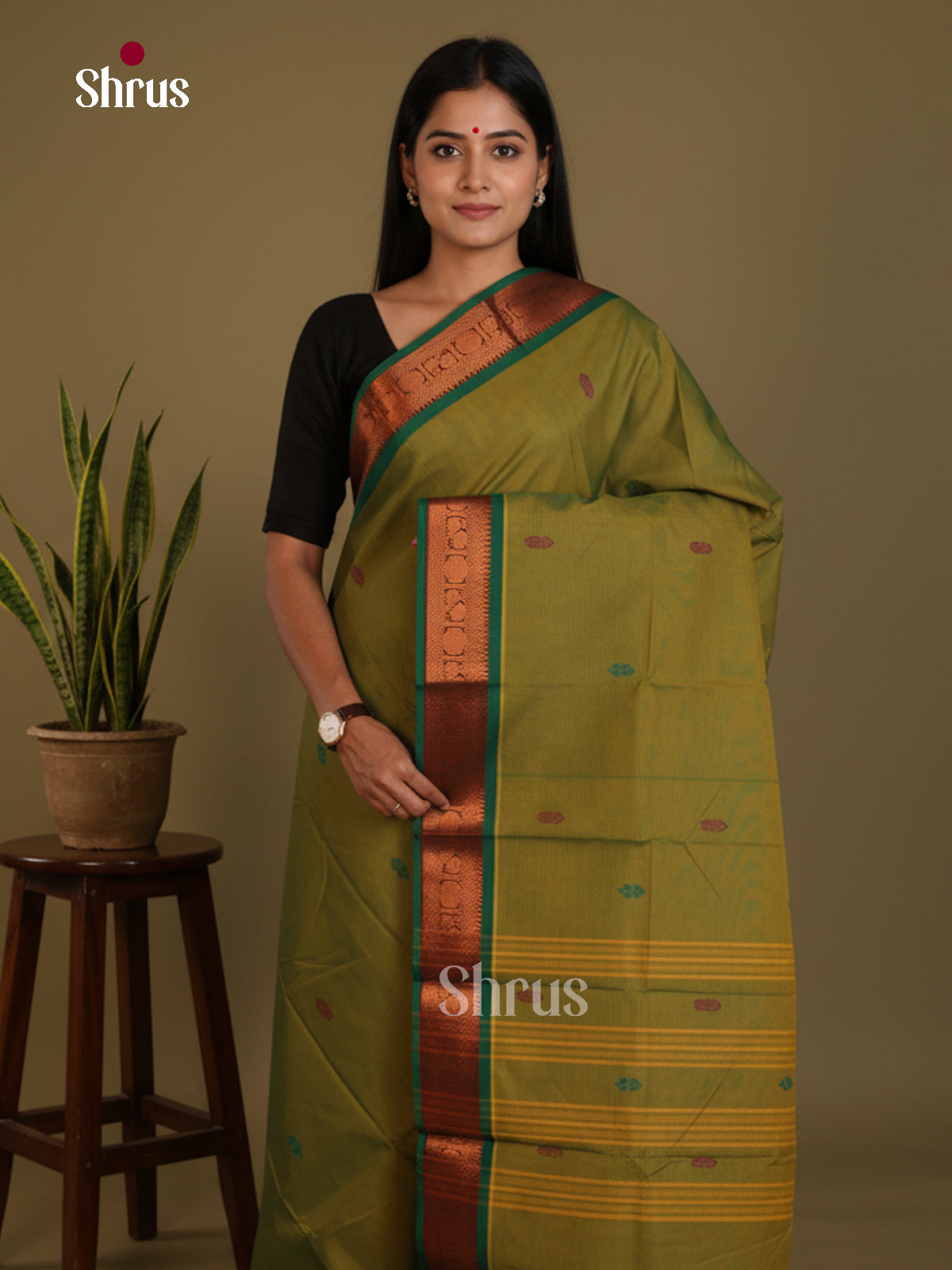 Mehandi Green & Green - Chettinad Mix Cotton-Without Blouse Saree-DLS06074 - Shop on Shrus.com