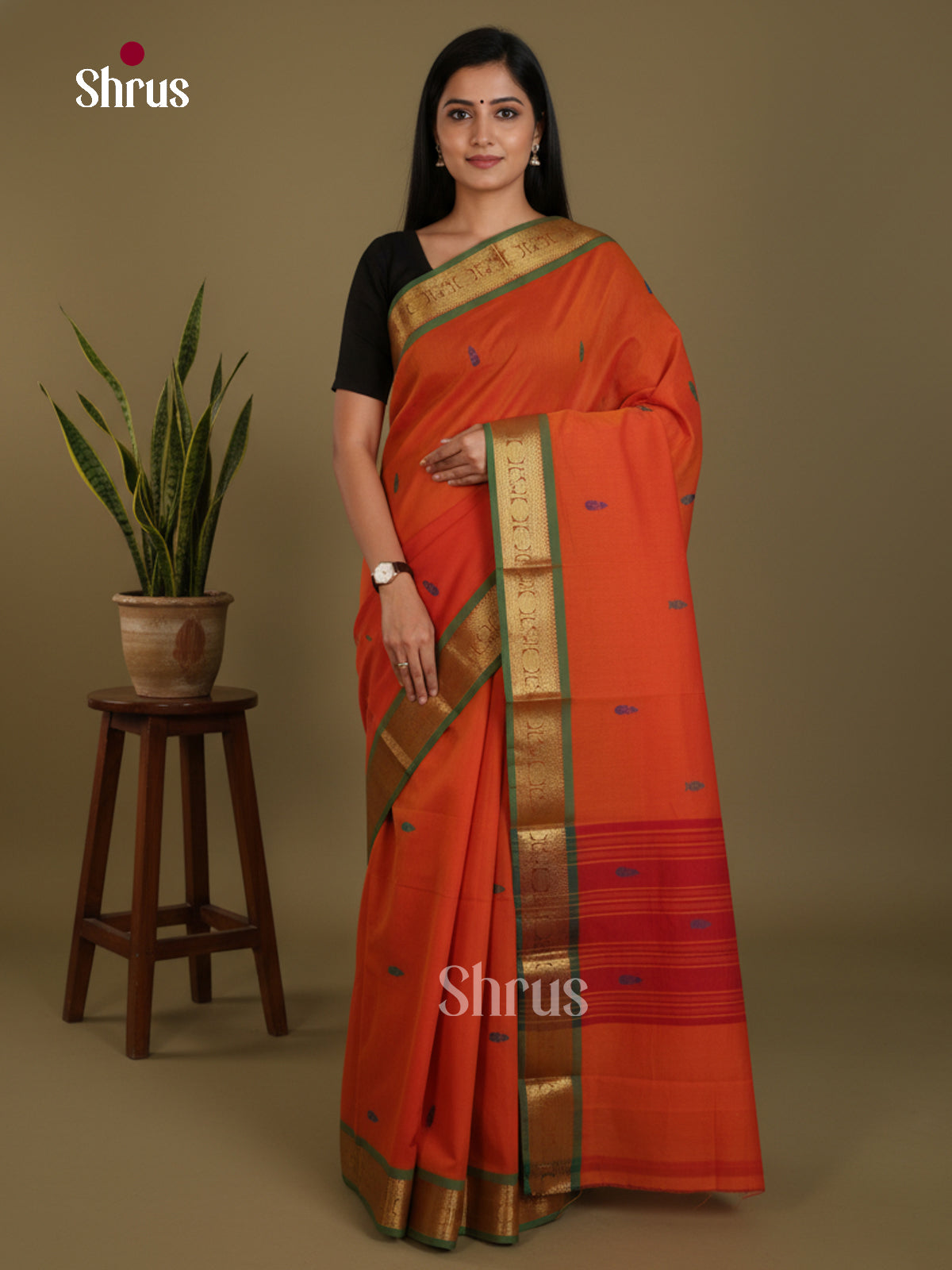 Orange & Green - Chettinad Mix Cotton-Without Blouse Saree- DLS06076 - Shop on Shrus.com