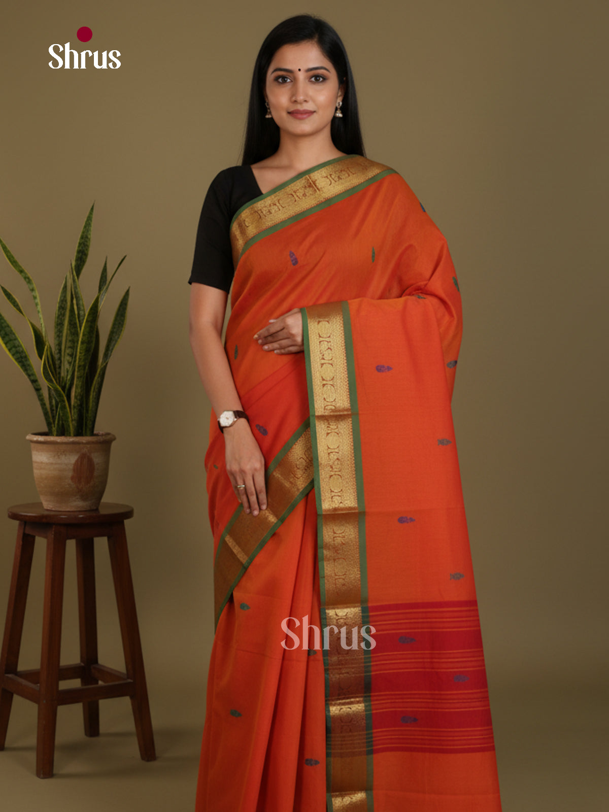 Orange & Green - Chettinad Mix Cotton-Without Blouse Saree- DLS06076 - Shop on Shrus.com
