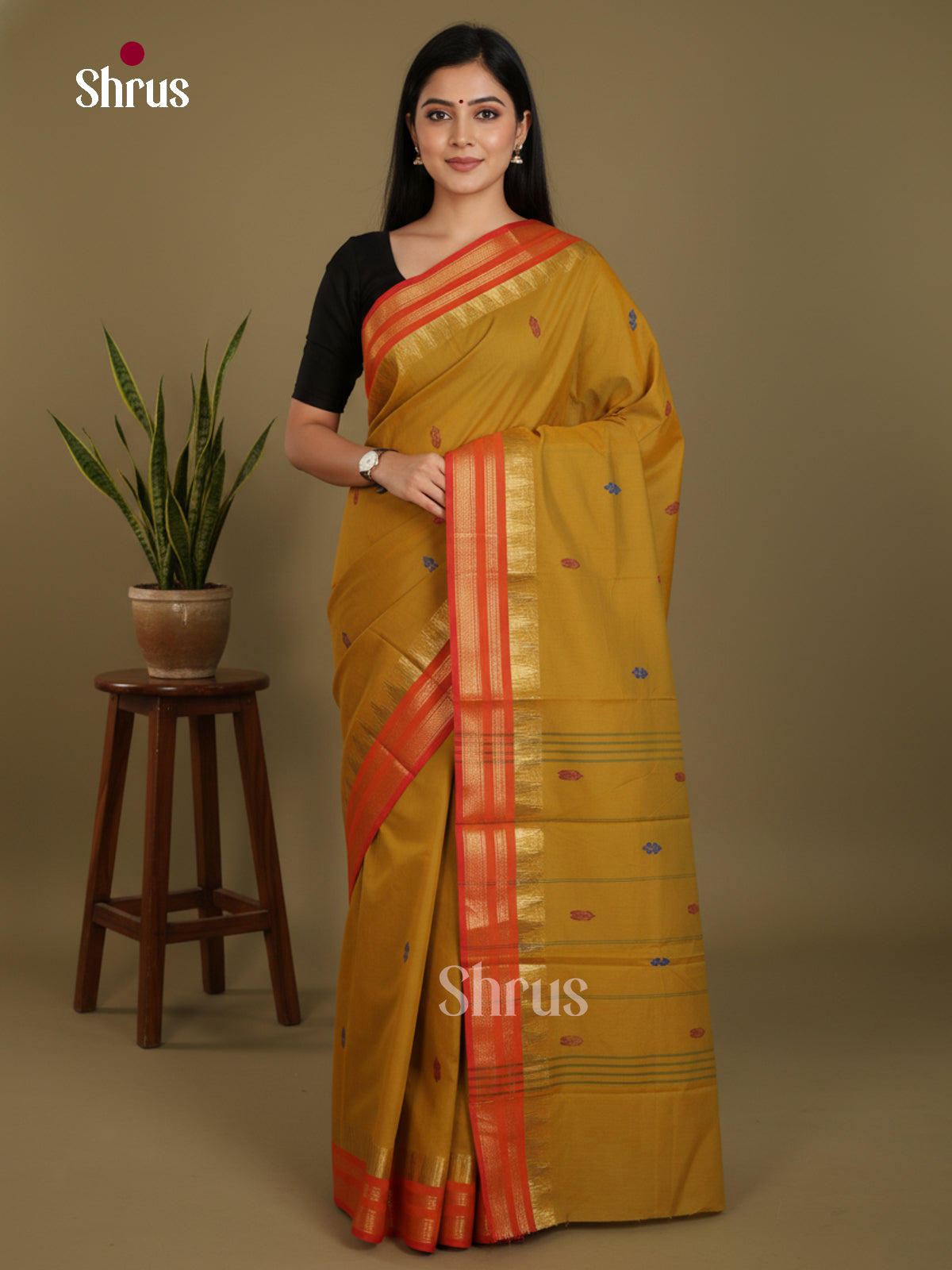 Mustardy Green & Orange - Chettinad Mix Cotton-Without Blouse Saree- DLS06084 - Shop on Shrus.com