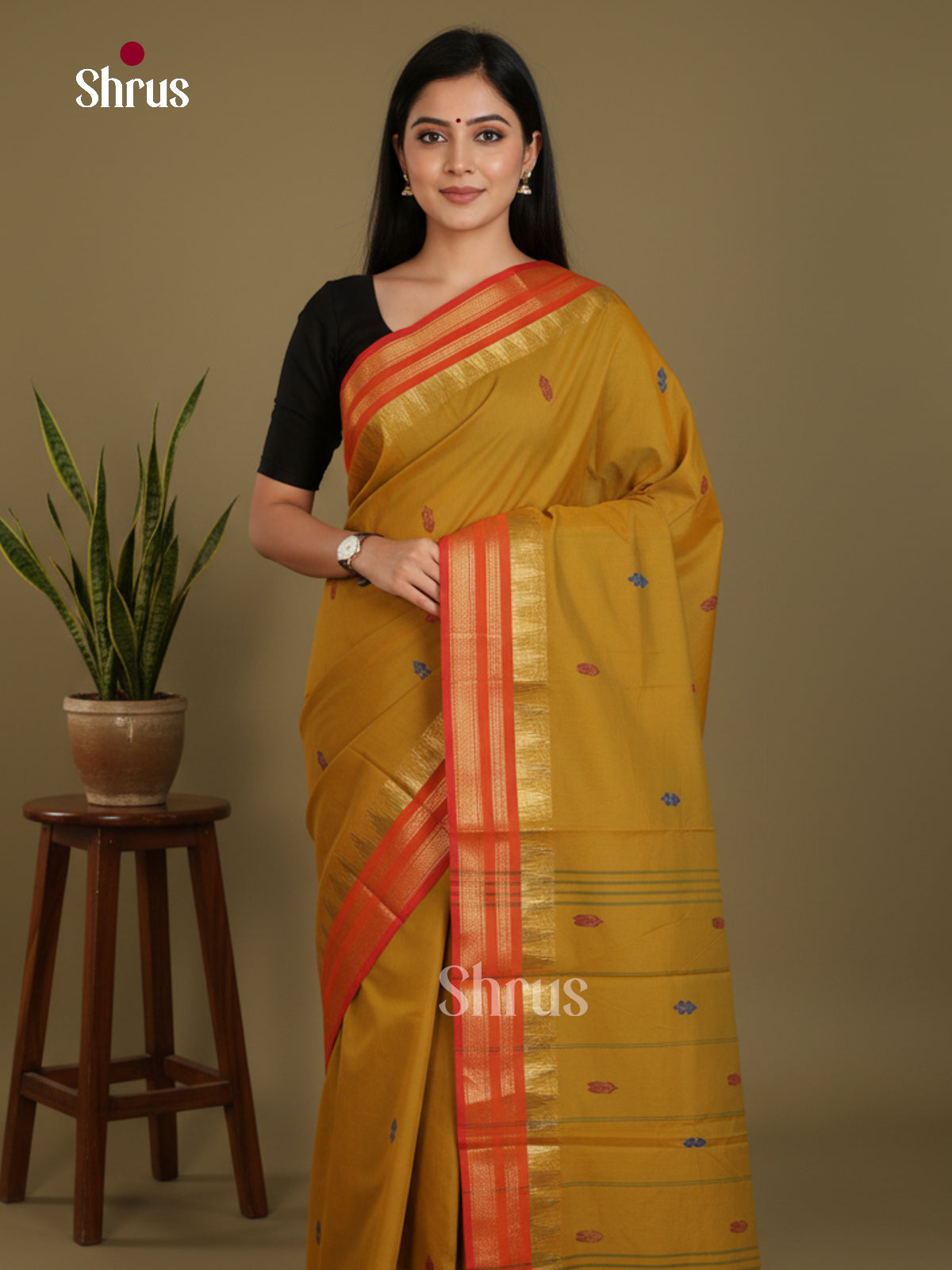 Mustardy Green & Orange - Chettinad Mix Cotton-Without Blouse Saree- DLS06084 - Shop on Shrus.com
