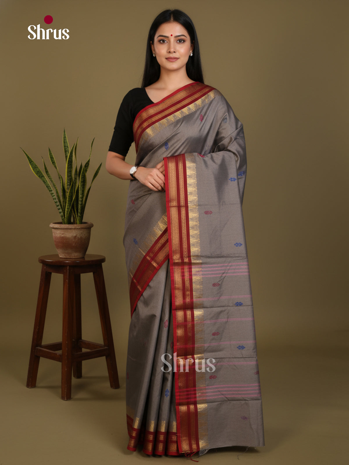 Grey & Maroon - Chettinad Mix Cotton-Without Blouse Saree-DLS06085 - Shop on Shrus.com