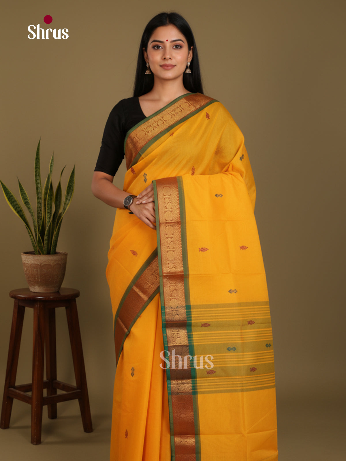 Yellow & Green - Chettinad Mix Cotton-Without Blouse Saree- DLS06089 - Shop on Shrus.com