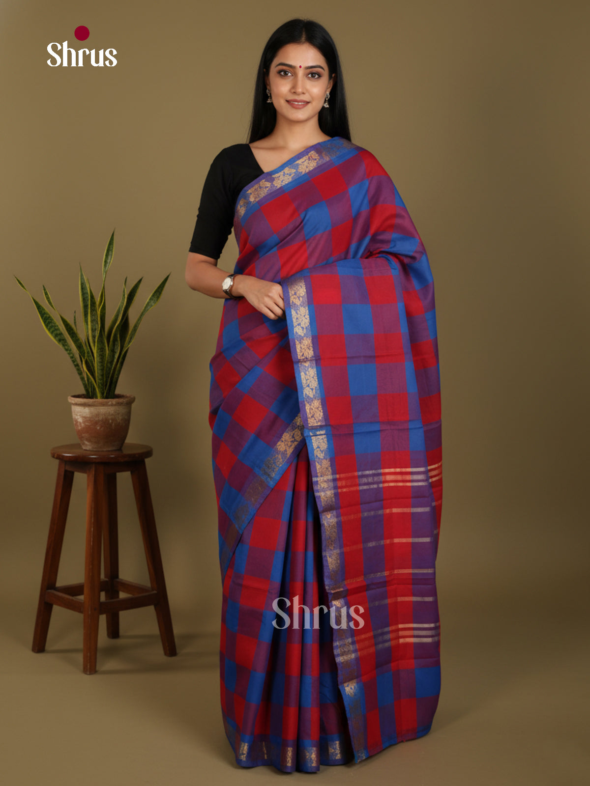 Red & Blue - Chettinad Mix Cotton-Without Blouse Saree- DLS06111 - Shop on Shrus.com