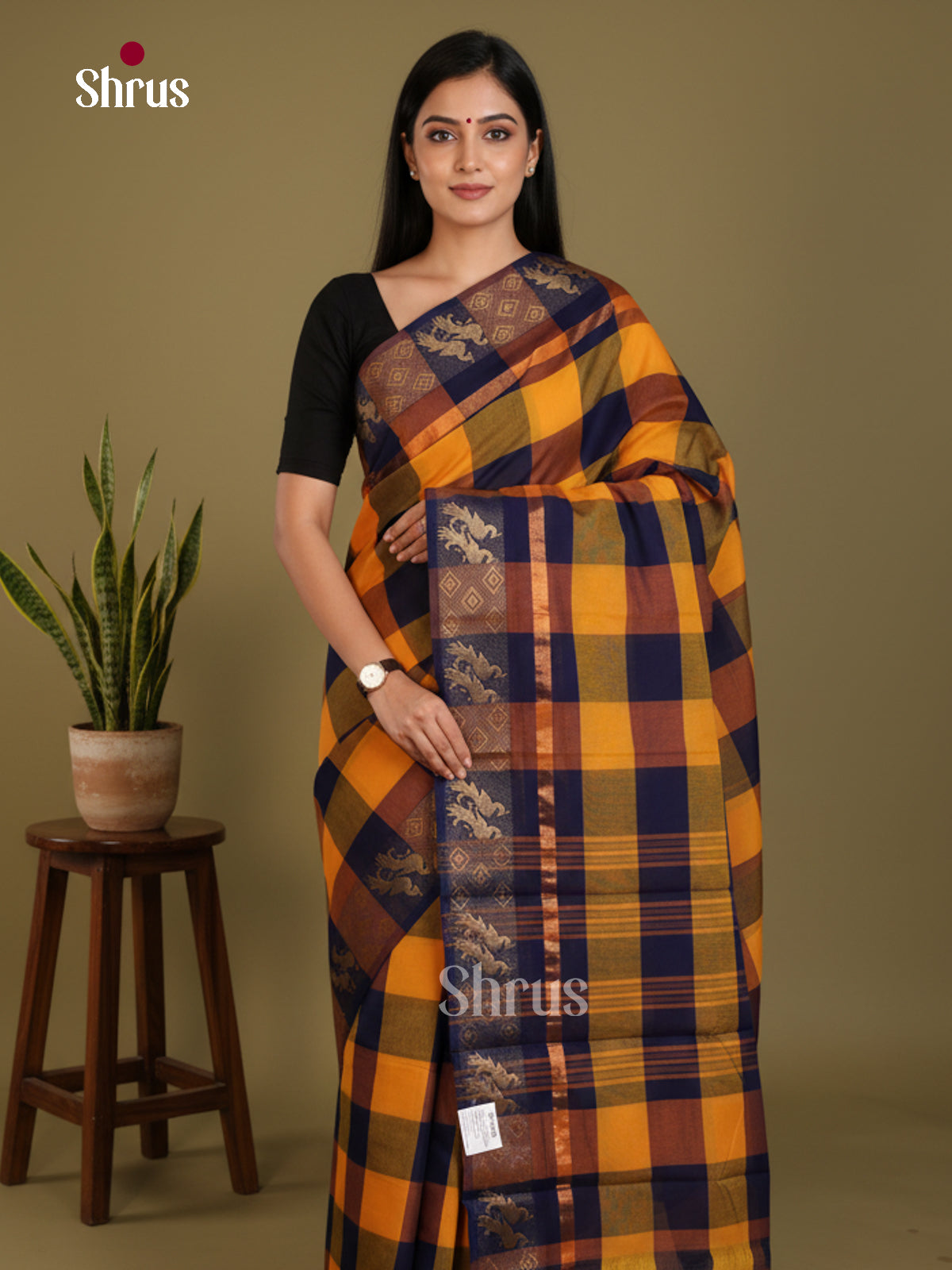 Mustard & Blue - DLS06114 - Chettinad Mix Cotton-Without Blouse Saree - Shop on Shrus.com