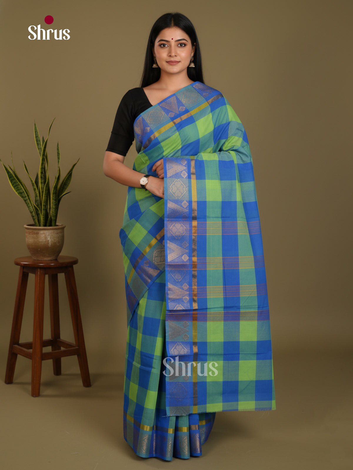 Blue & Green- Chettinad Mix Cotton-Without Blouse Saree - DLS06121 - Shop on Shrus.com