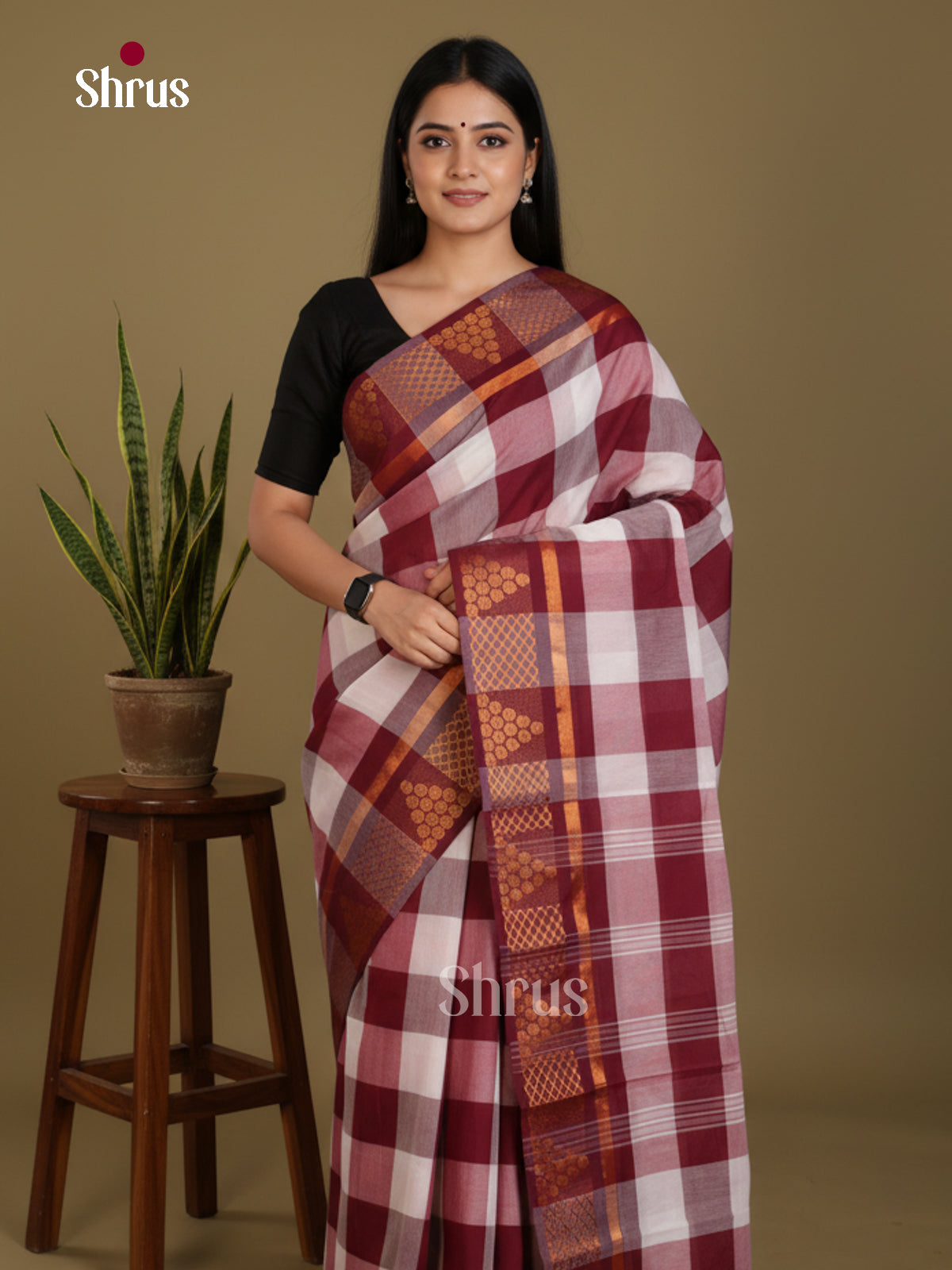 White & Maroon - DLS06122 - Chettinad Mix Cotton-Without Blouse Saree - Shop on Shrus.com