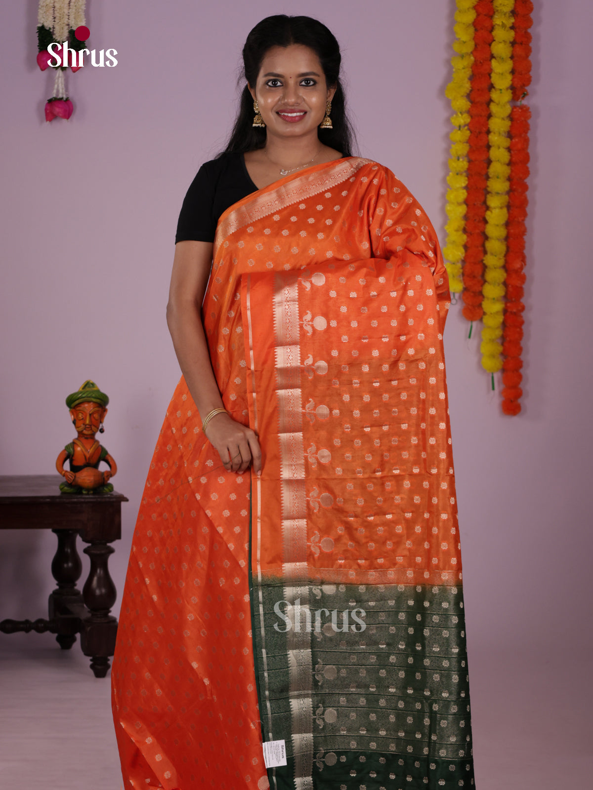 Orange & Green - North Silk Cotton Saree- DLS06182