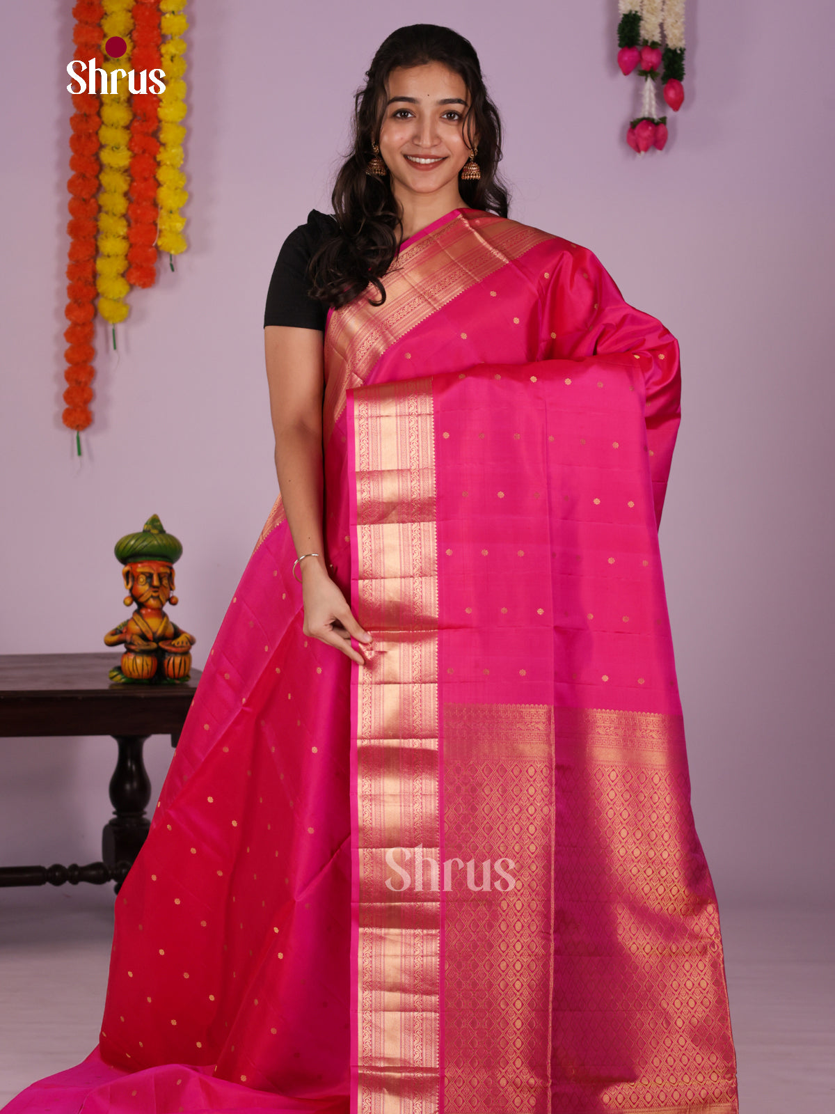 Charming Pink Single Tone Soft Silk Saree with zari buttas & traditional Border