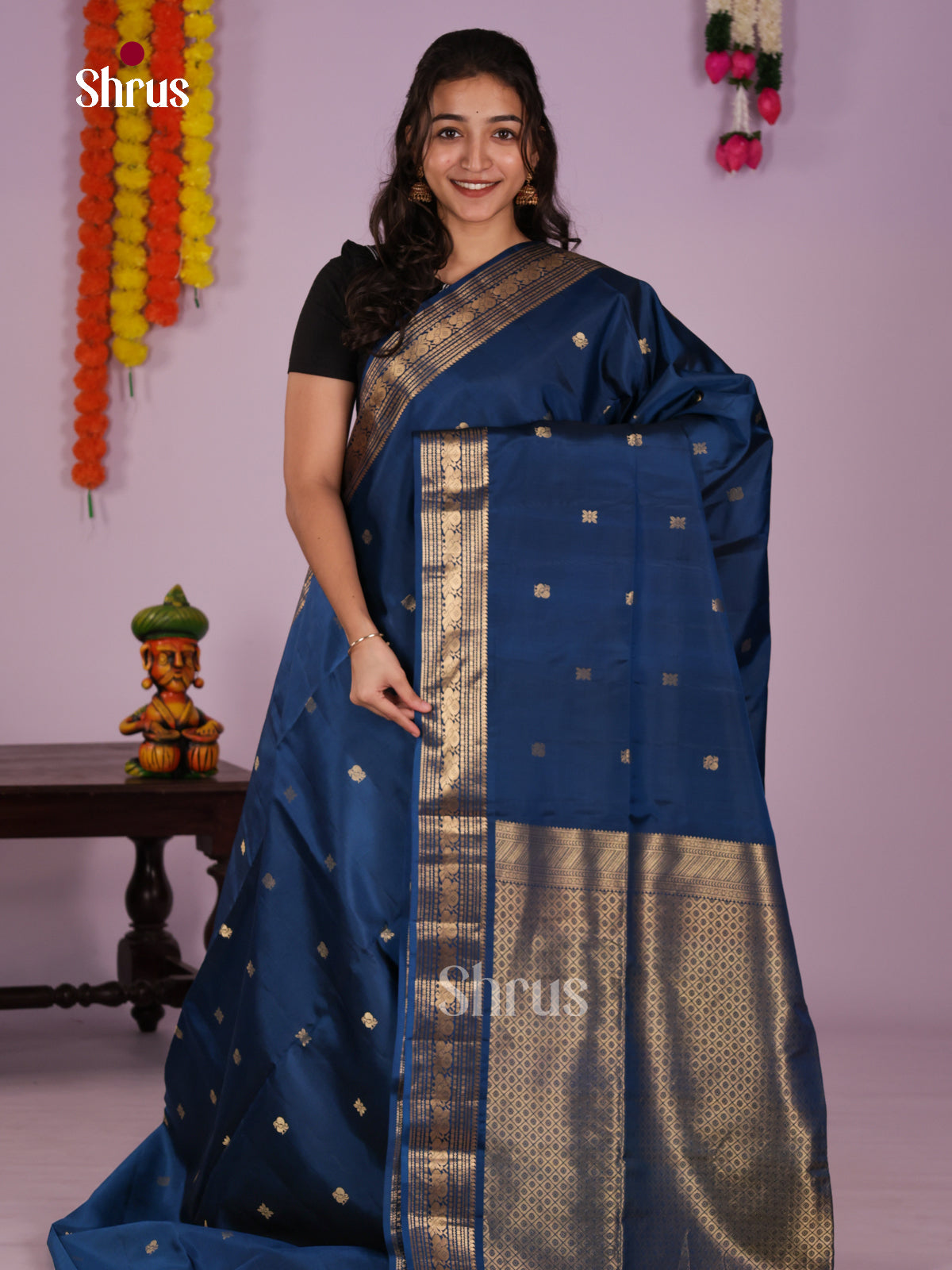 Regal Blue Soft Silk Saree gleams with zari floral , peacock buttas , traditional border - Shop on Shrus.com