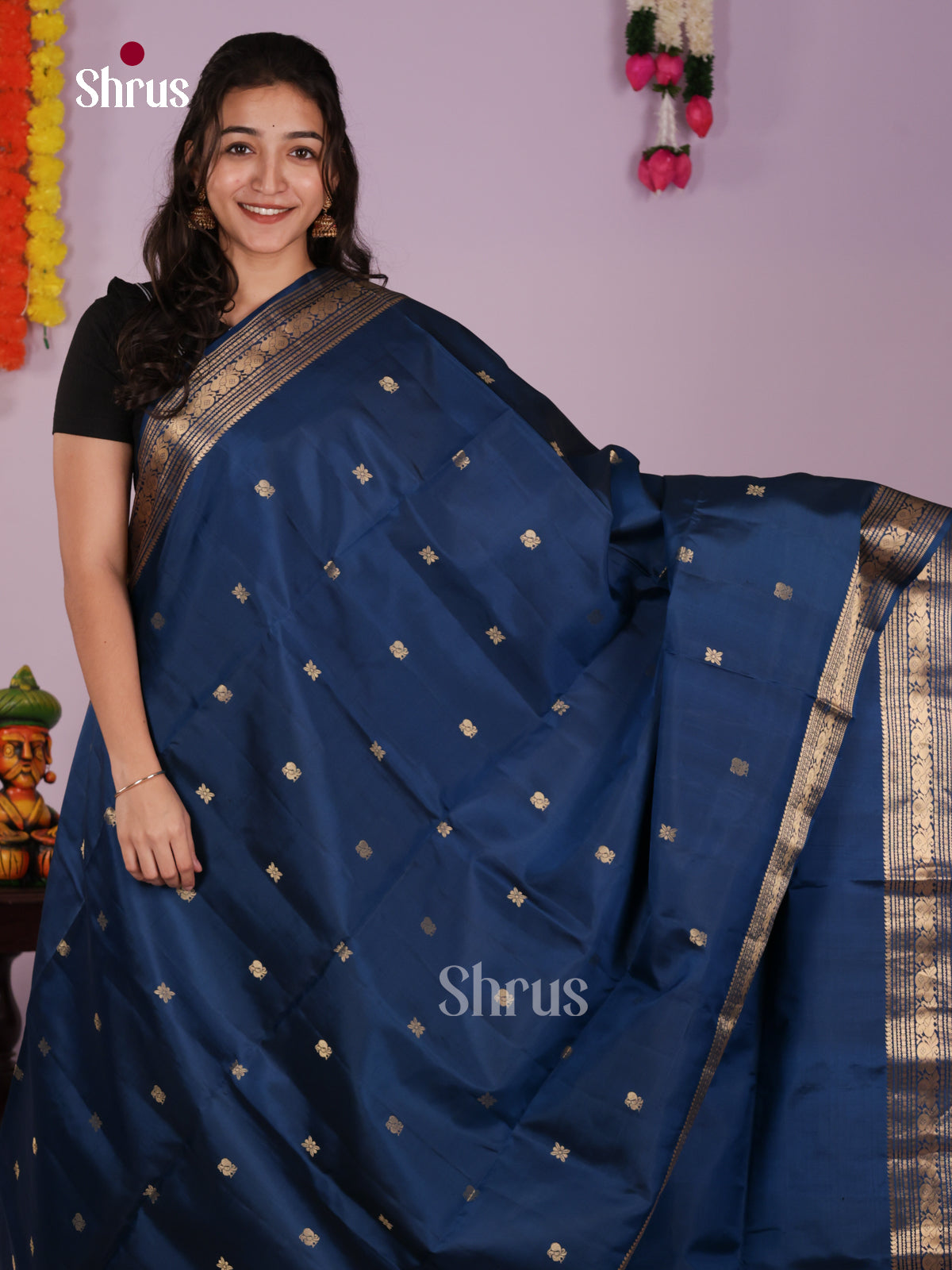 Regal Blue Soft Silk Saree gleams with zari floral , peacock buttas , traditional border - Shop on Shrus.com