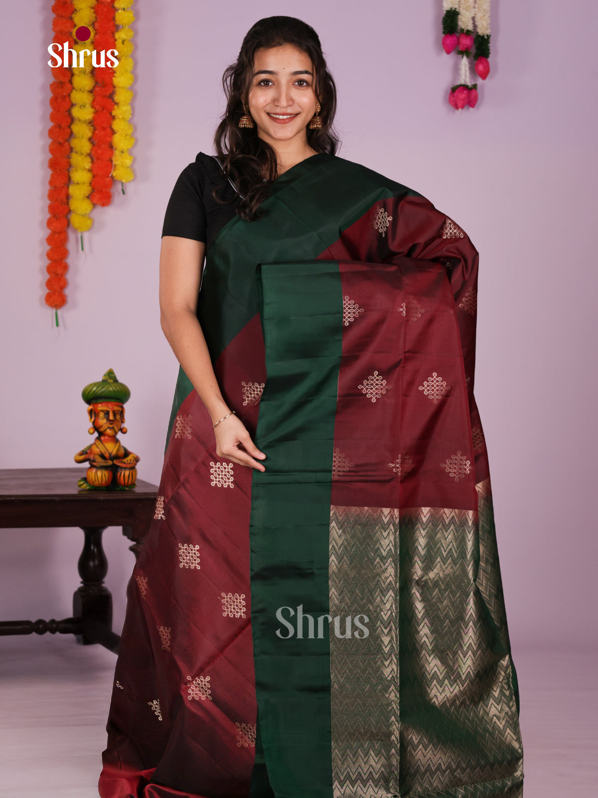 Classy Maroon & Green Soft Silk Saree with zari kolam buttas & brocade pallu