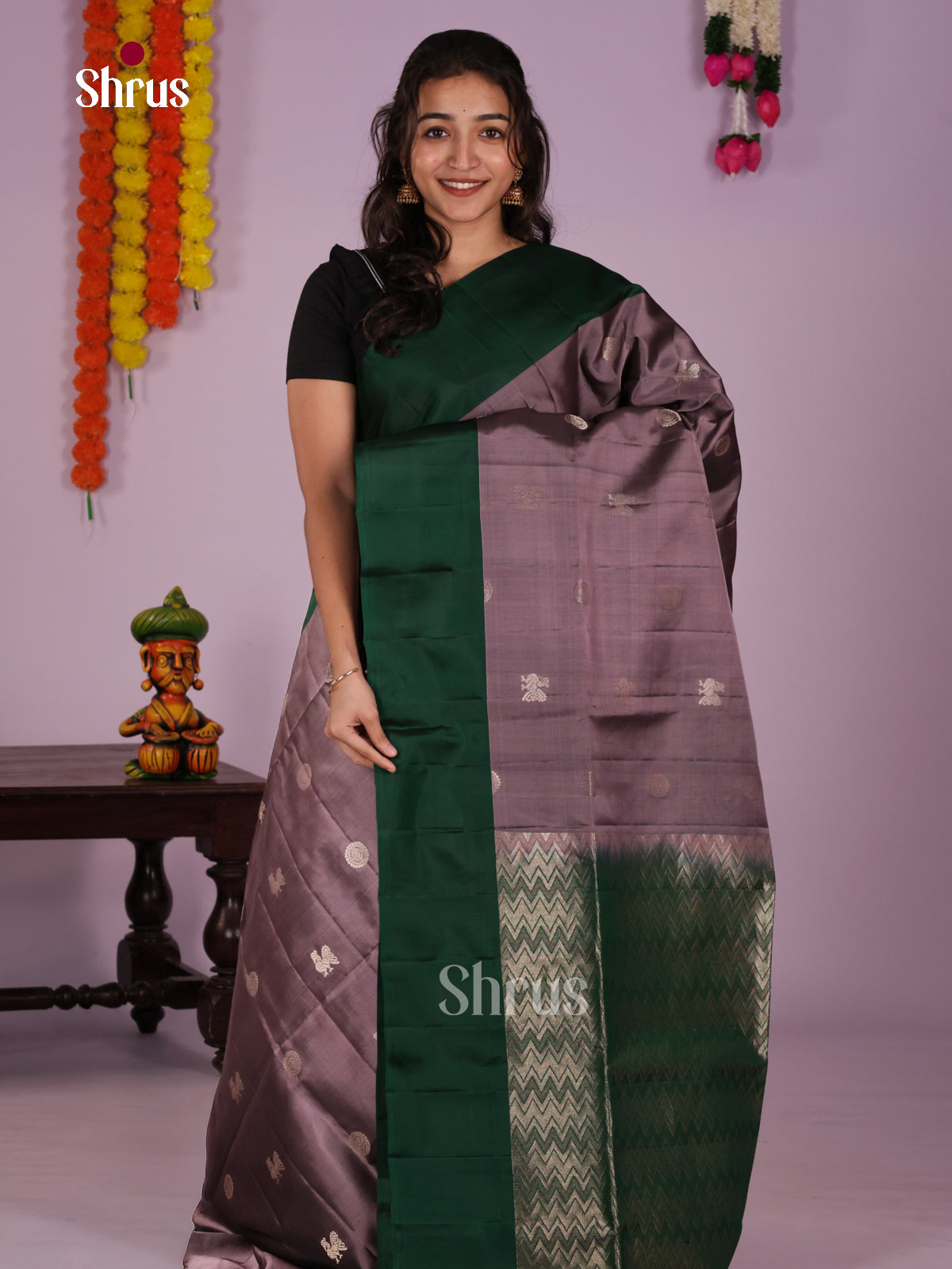 Graceful Grey & Green Soft Silk Saree with zari peacock buttas & Brocade pallu