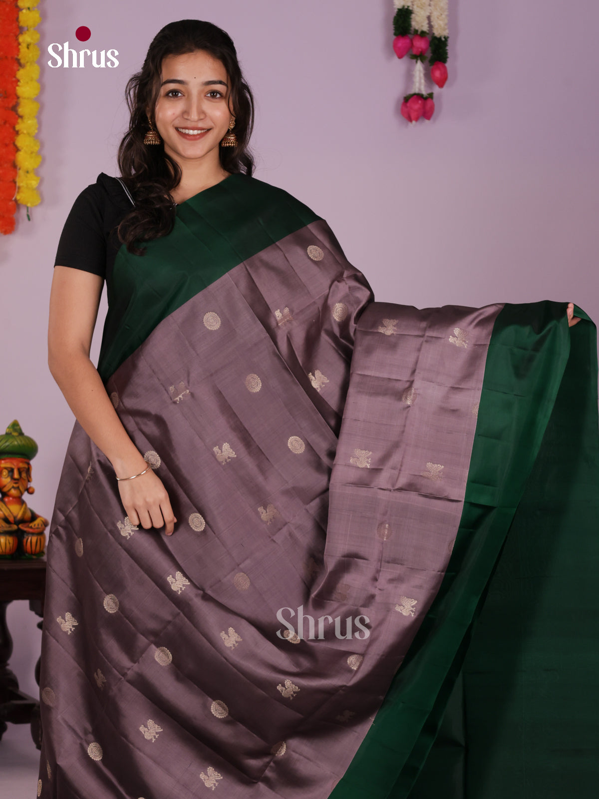 Graceful Grey & Green Soft Silk Saree with zari peacock buttas & Brocade pallu