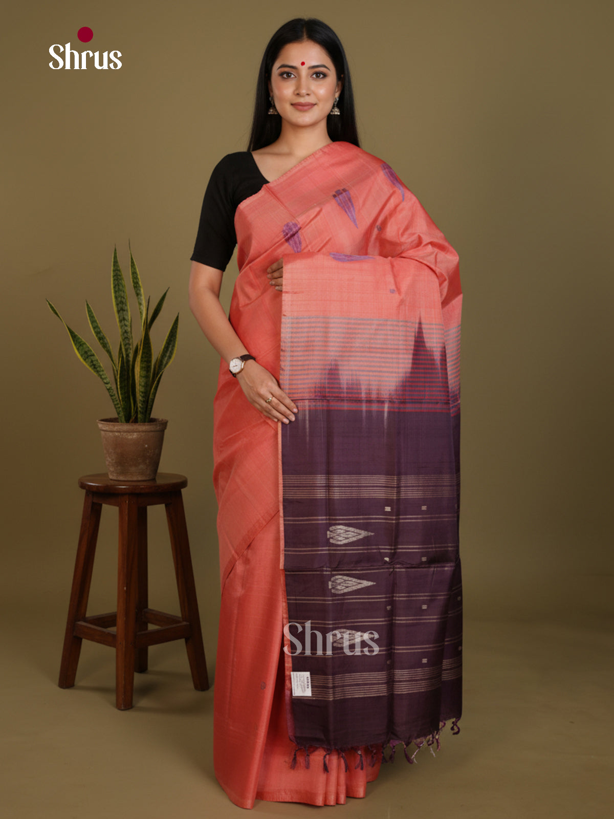 Orangish Peach & Brown - Banana Pith without blouse Saree - Shop on Shrus.com