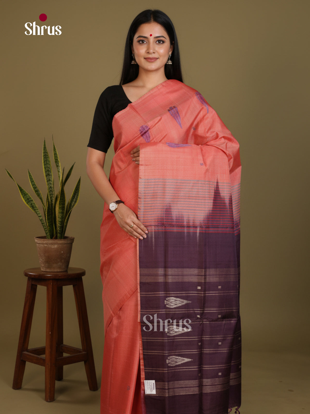 Orangish Peach & Brown - Banana Pith without blouse Saree - Shop on Shrus.com