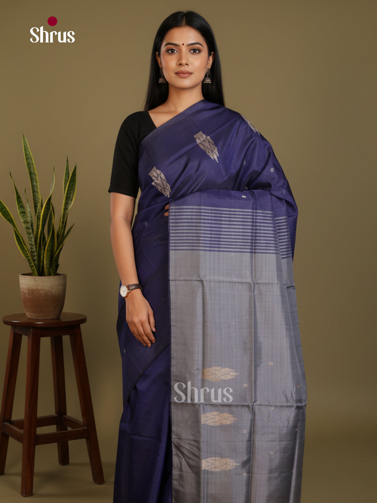 Blue & Grey- Banana Pith without blouse Saree - Shop on Shrus.com
