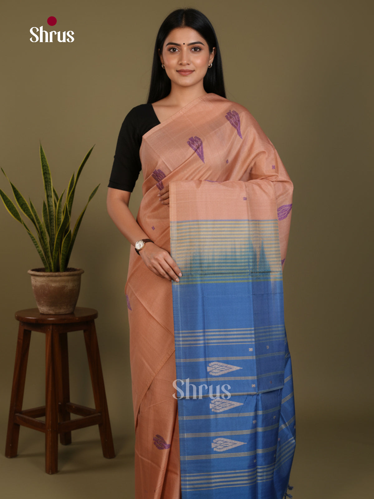 Light Brown & Blue - Banana Pith without blouse Saree