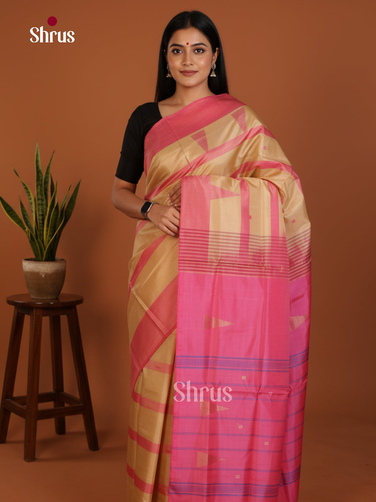 Beige & Pink - Banana Pith without blouse Saree