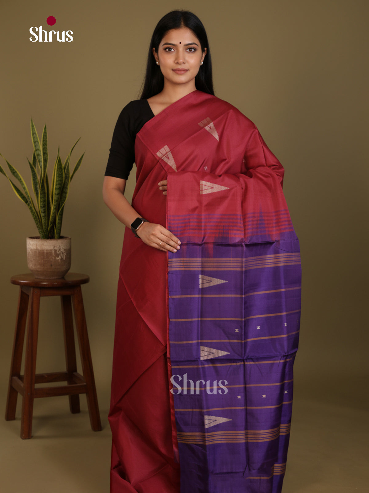 Maroon & Blue - Banana Pith without blouse Saree