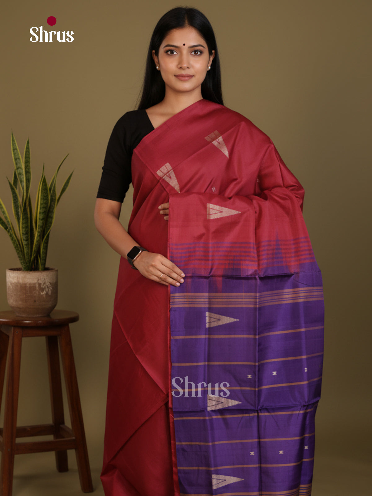 Maroon & Blue - Banana Pith without blouse Saree