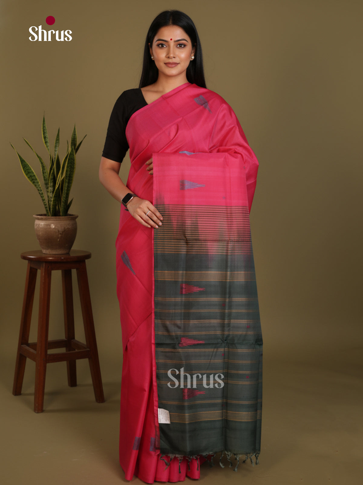 Pink & Green - Banana Pith without blouse Saree - Shop on Shrus.com