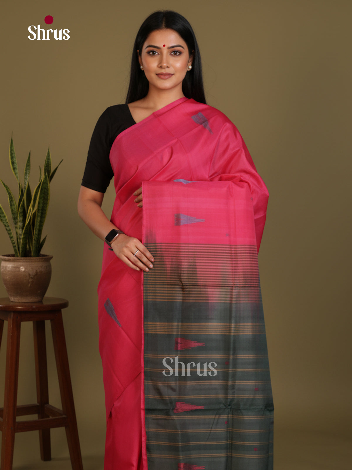Pink & Green - Banana Pith without blouse Saree - Shop on Shrus.com