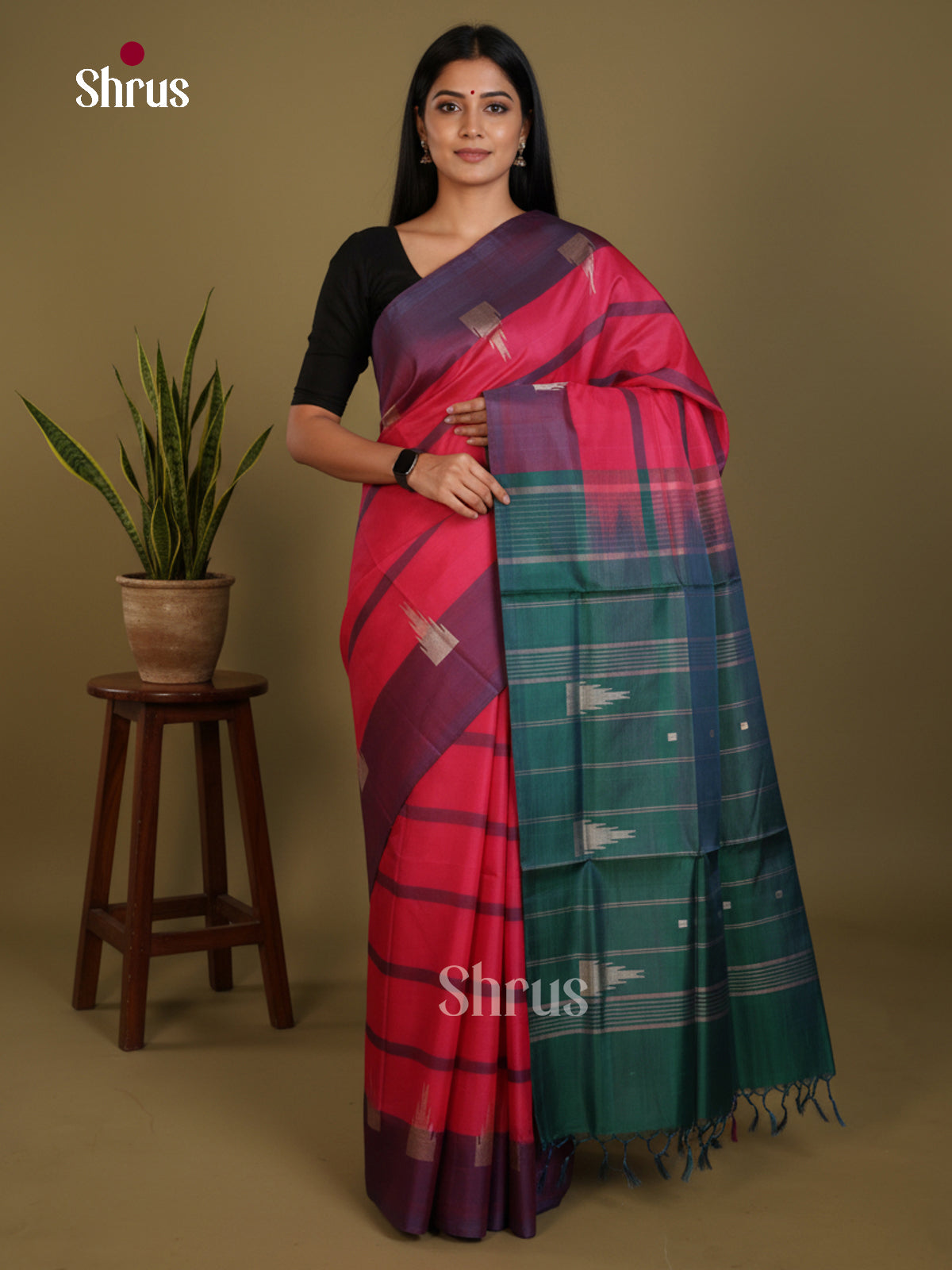 Pink & Green- Banana Pith without blouse Saree - Shop on Shrus.com
