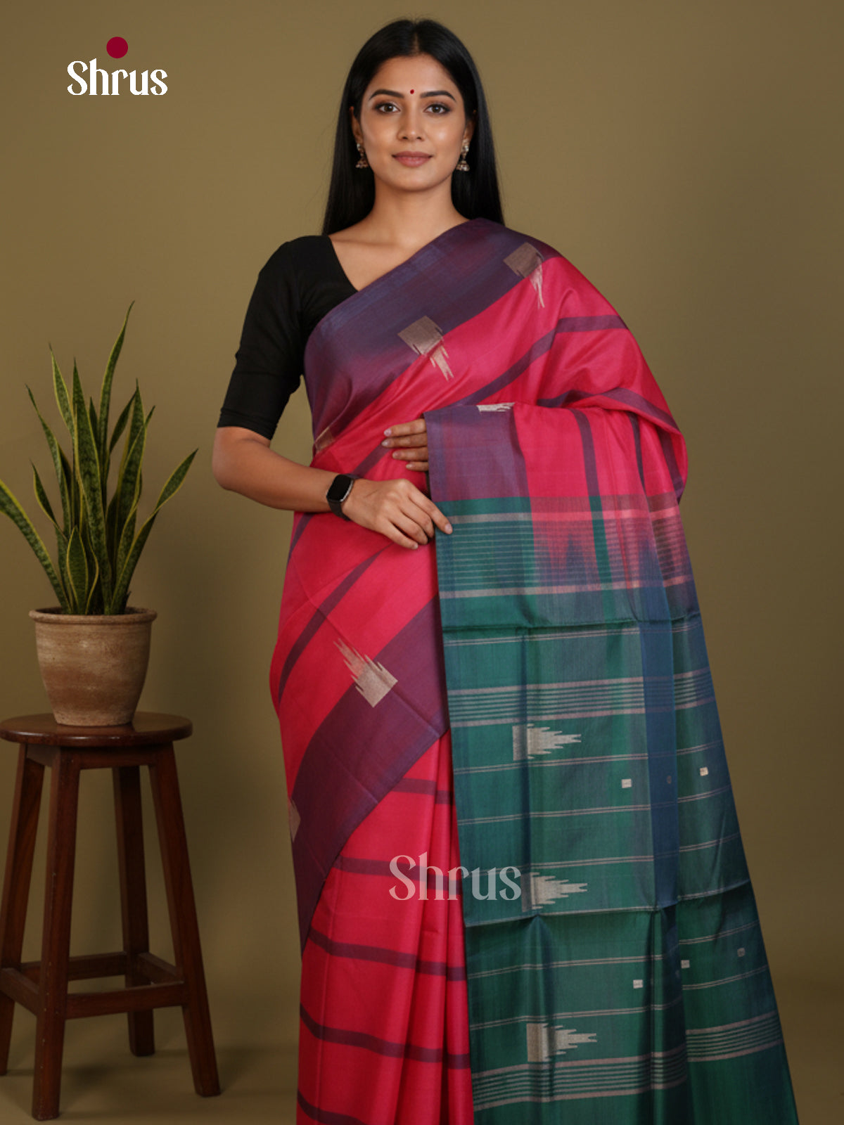 Pink & Green- Banana Pith without blouse Saree - Shop on Shrus.com