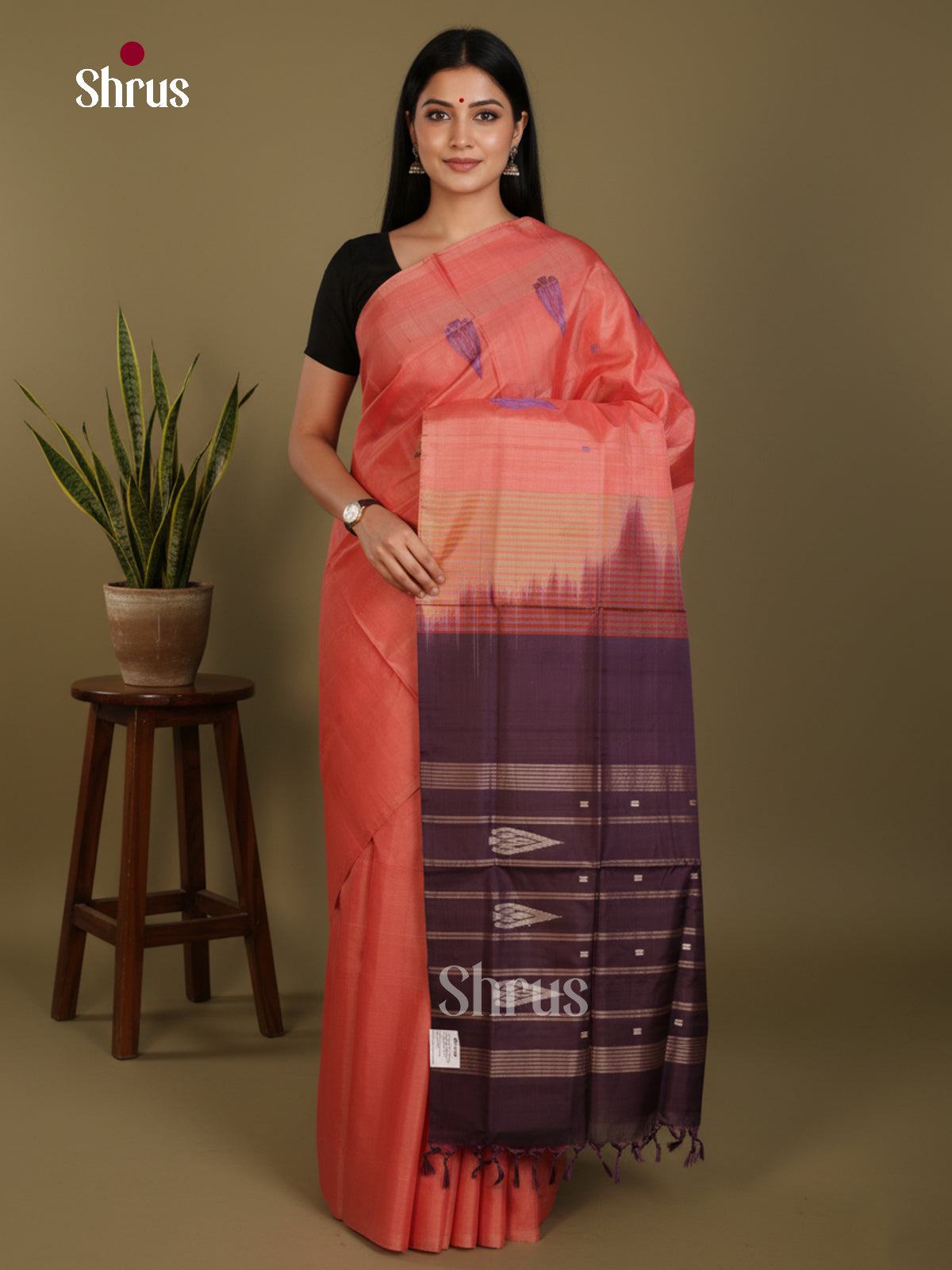 Orangish Pink & Brown - Banana Pith without blouse Saree
