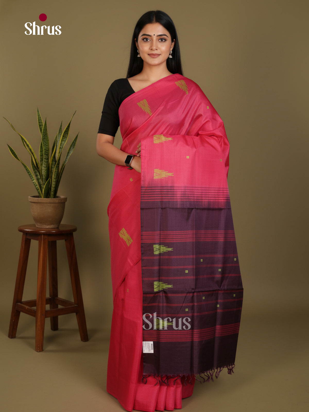 Pink - Banana Pith without blouse Saree