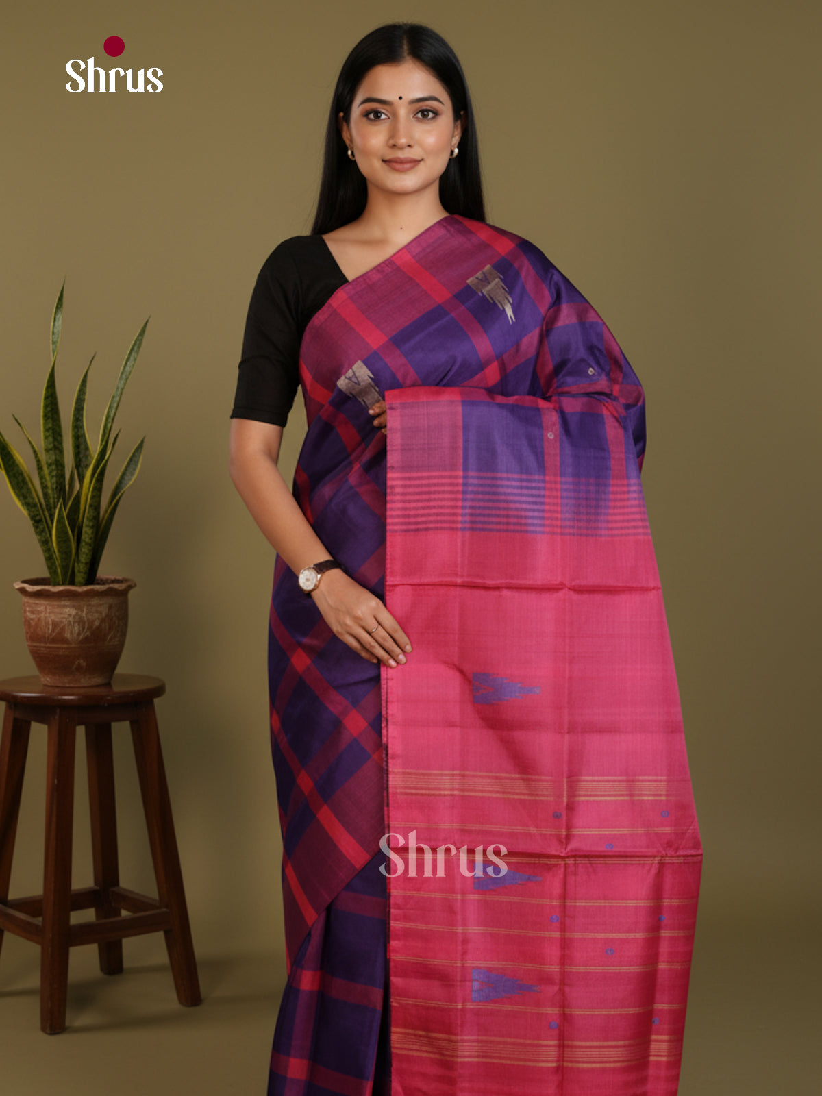 Blue & Maroon - Banana Pith without blouse Saree - Shop on Shrus.com