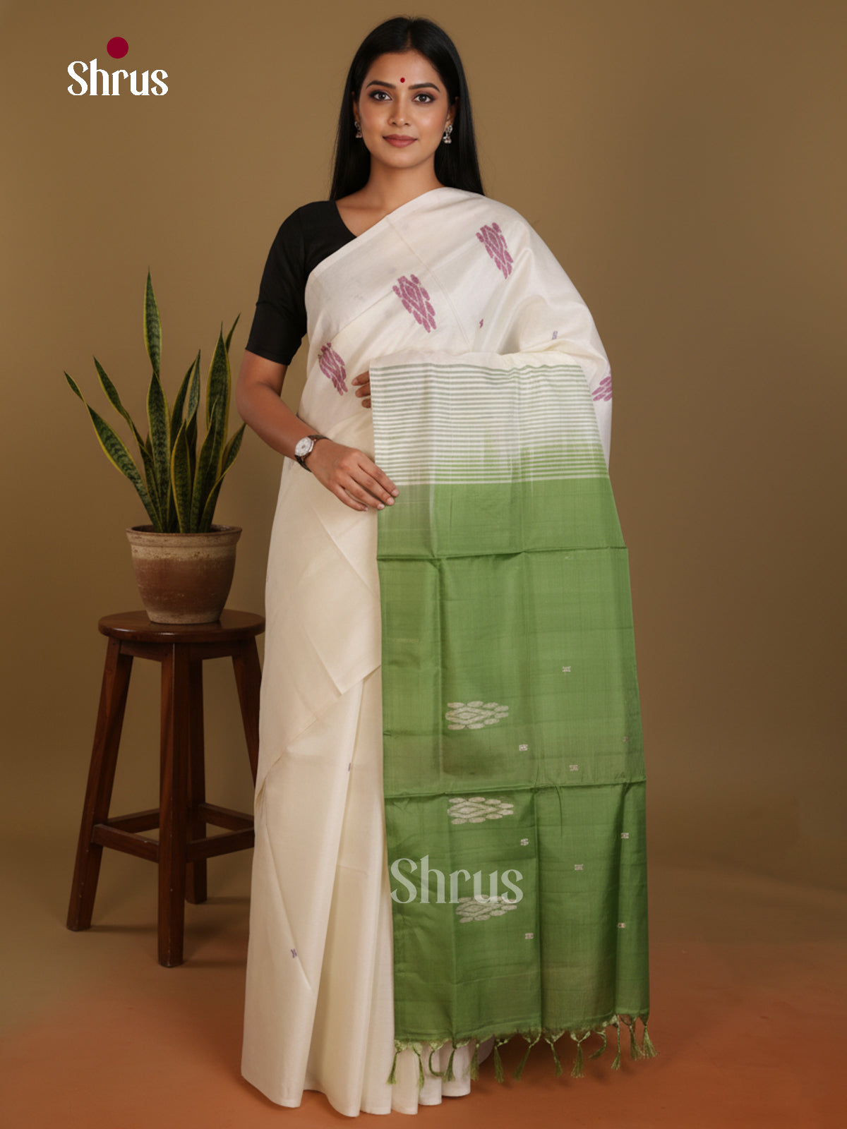 Cream & Green - Banana Pith without blouse Saree - Shop on Shrus.com