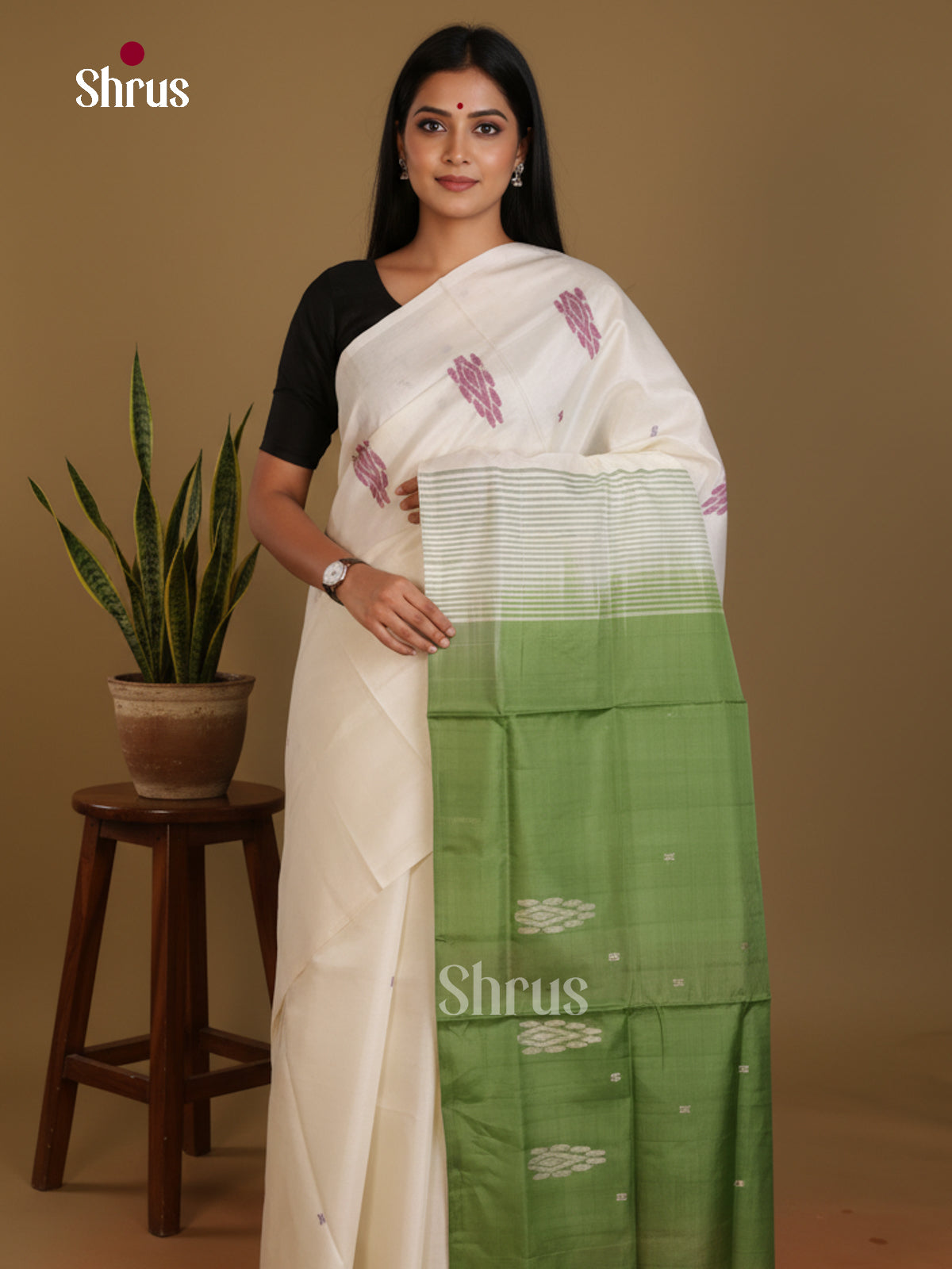 Cream & Green - Banana Pith without blouse Saree - Shop on Shrus.com