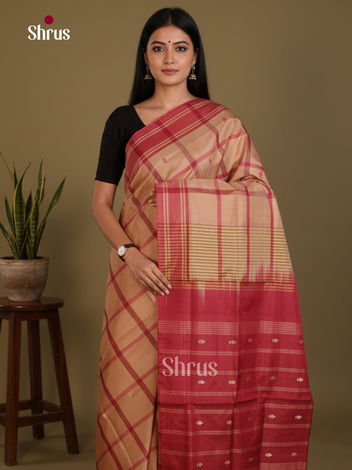 Beige & Maroon - Banana Pith without blouse Saree - Shop on Shrus.com