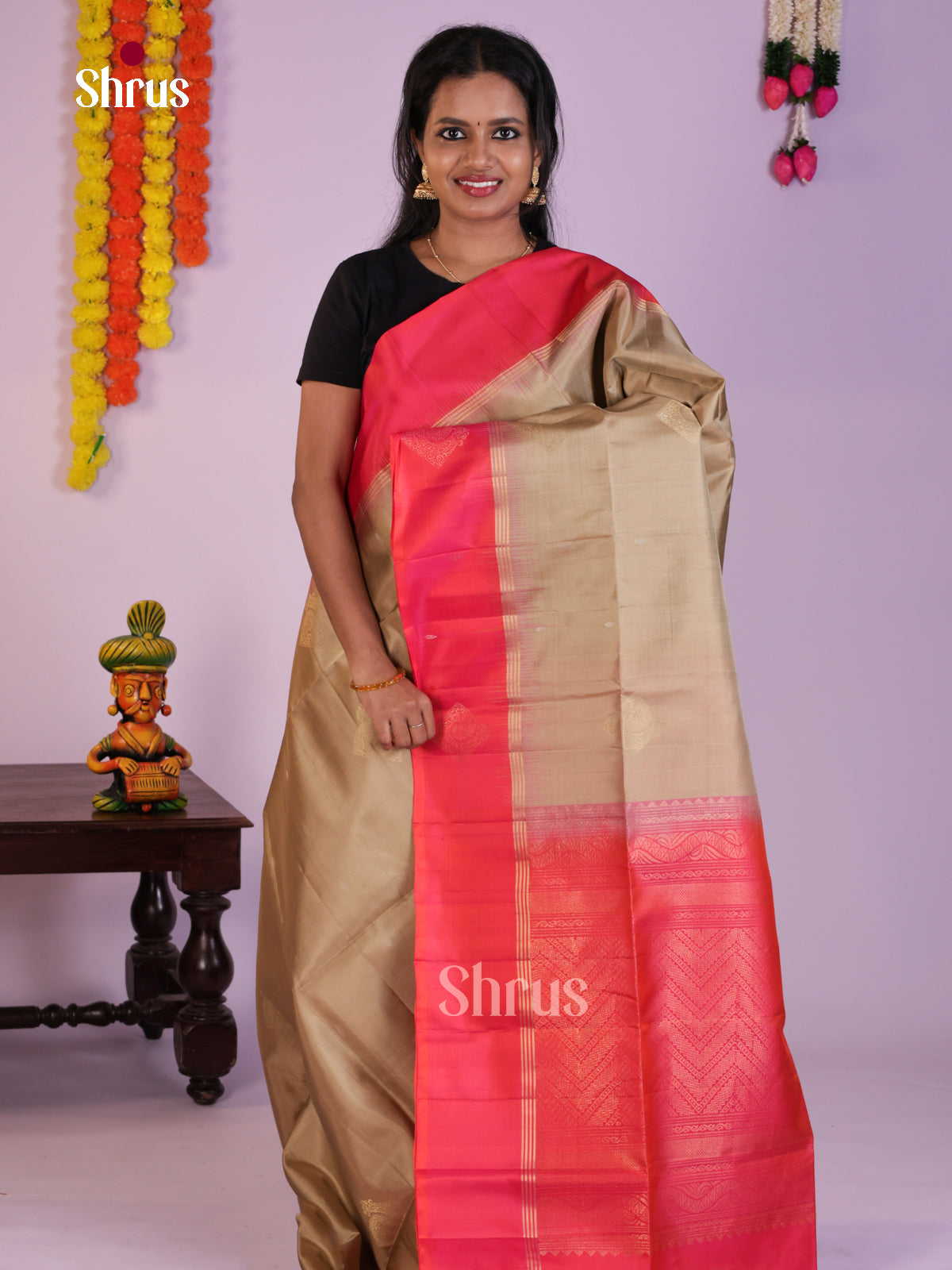 Timeless Grey & Orangish Pink Soft Silk Saree with zari buttas & Brocade pallu - Shop on Shrus.com