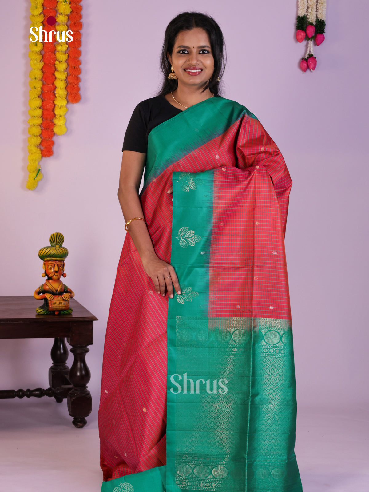 Bright Red & Green Soft Silk Saree with checks, zari buttas , brocade pallu - Shop on Shrus.com
