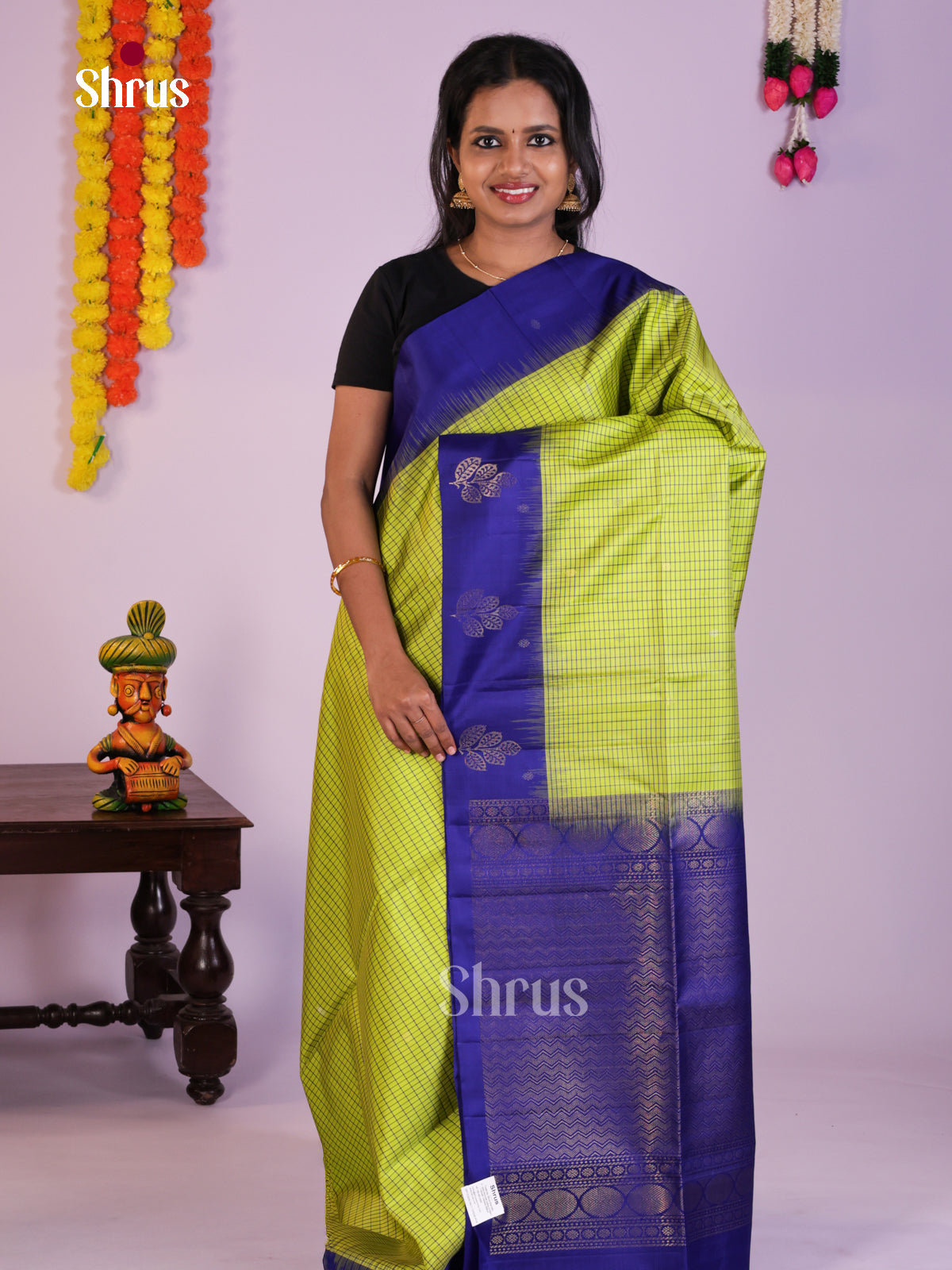 Elegant Light Green & Blue Soft Silk Saree with checkered pattern & Brocade pallu - Shop on Shrus.com