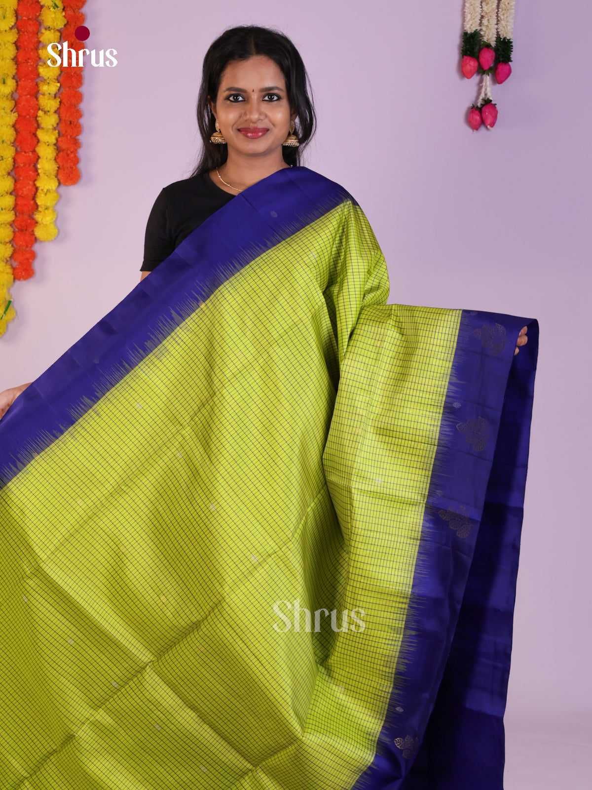 Elegant Light Green & Blue Soft Silk Saree with checkered pattern & Brocade pallu - Shop on Shrus.com