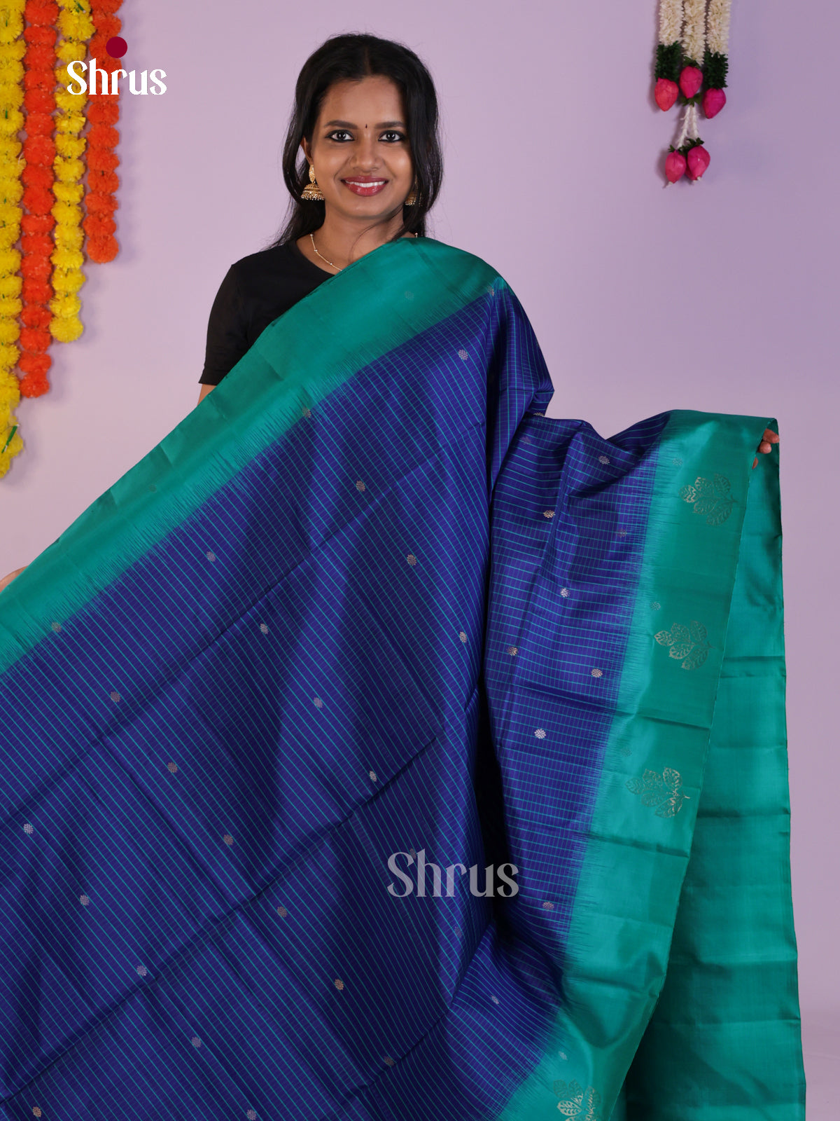 Vibrant Blue & Green Soft Silk Saree with zari buttas & Brocade pallu - Shop on Shrus.com