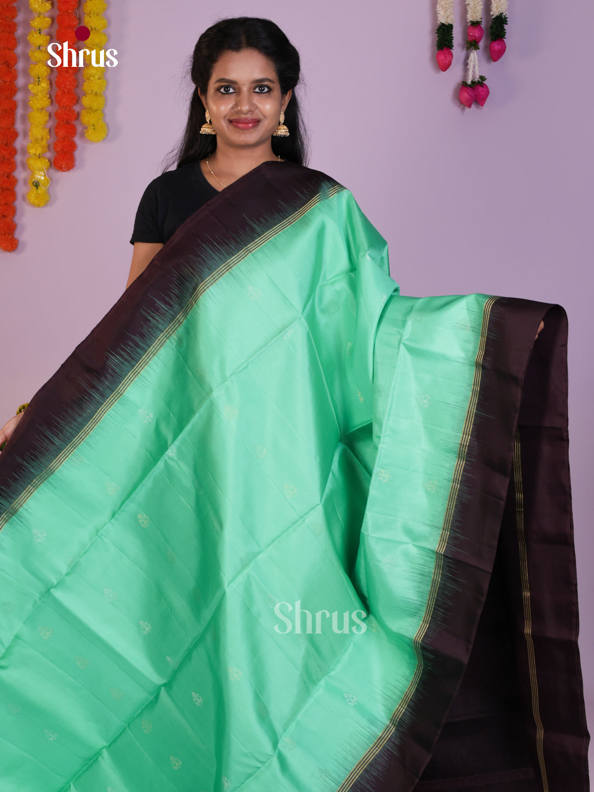 Exquisite Teal Green & Brown Soft Silk Saree with zari buttas & brocade pallu - Shop on Shrus.com