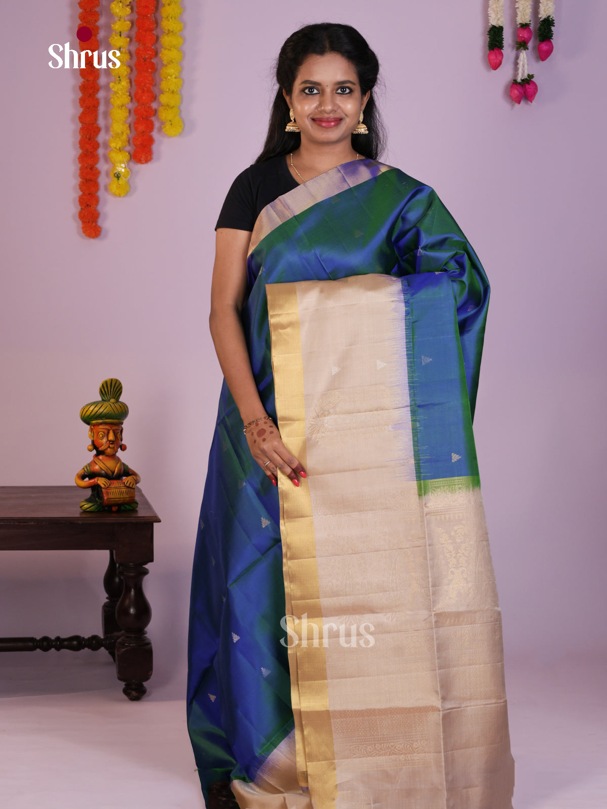 Vibrant Blue & Cream Soft Silk Saree with zari buttas & Brocade pallu - Shop on Shrus.com
