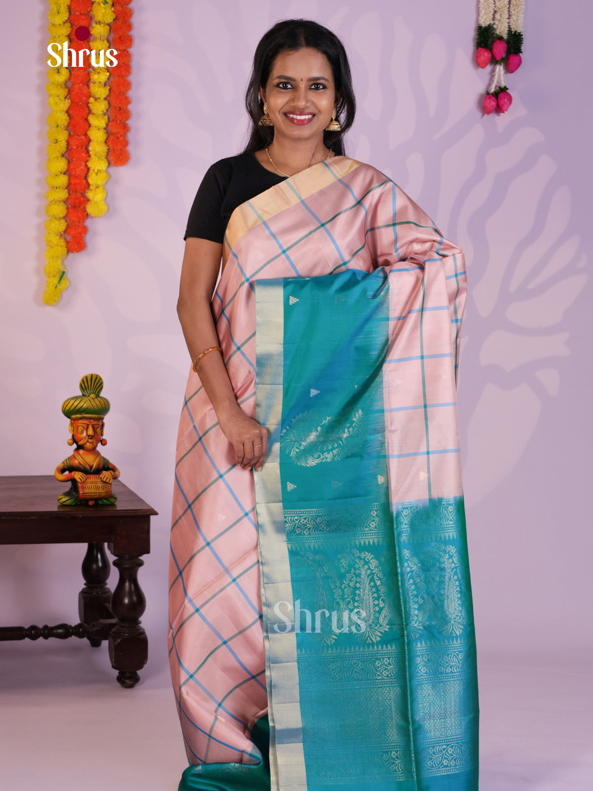 Charming Pink & Teal Soft Silk Saree with checks & Brocade Pallu