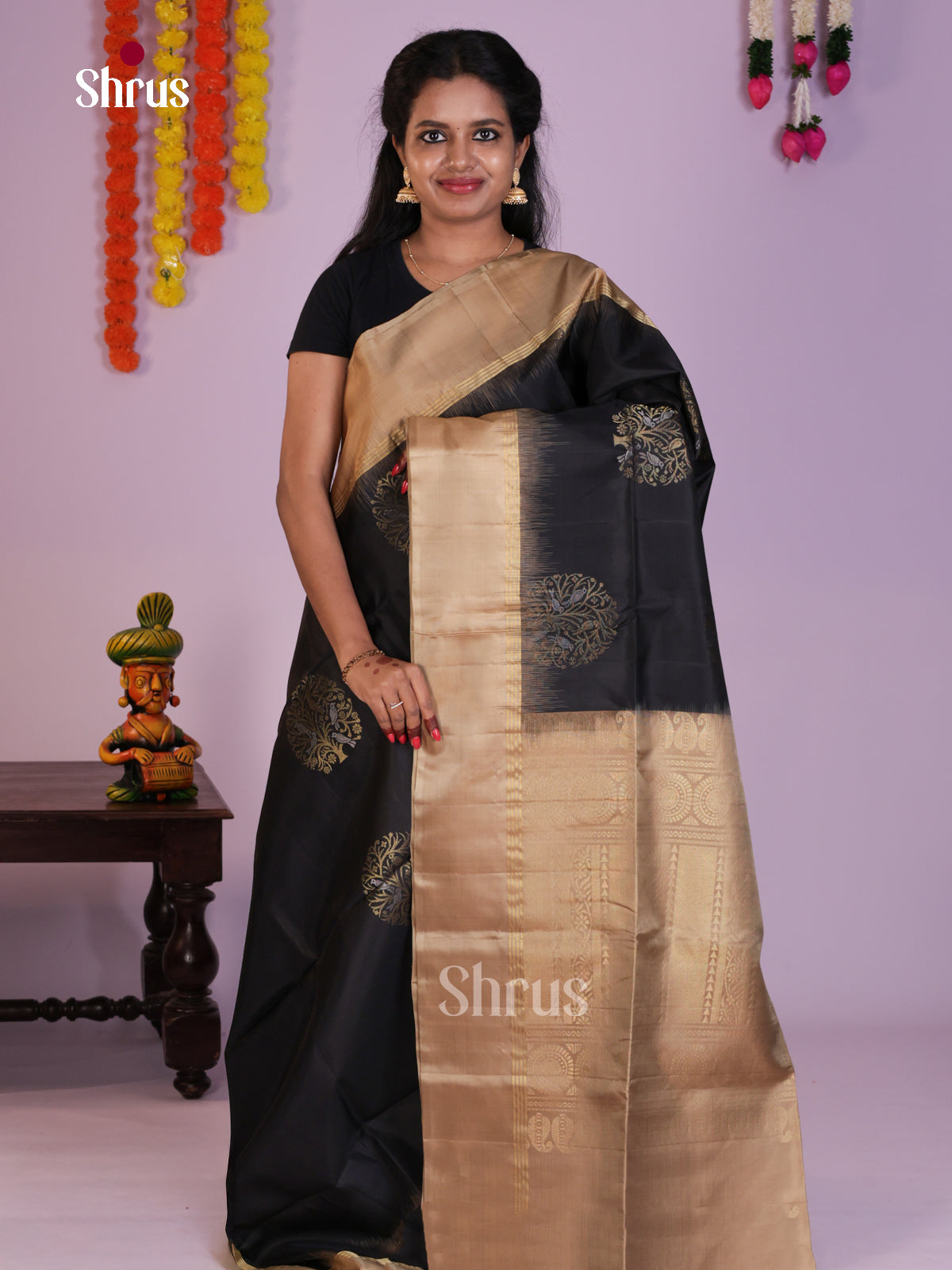 Gorgeous Black & Beige Soft Silk Saree gleams with zari tree motifs - Shop on Shrus.com