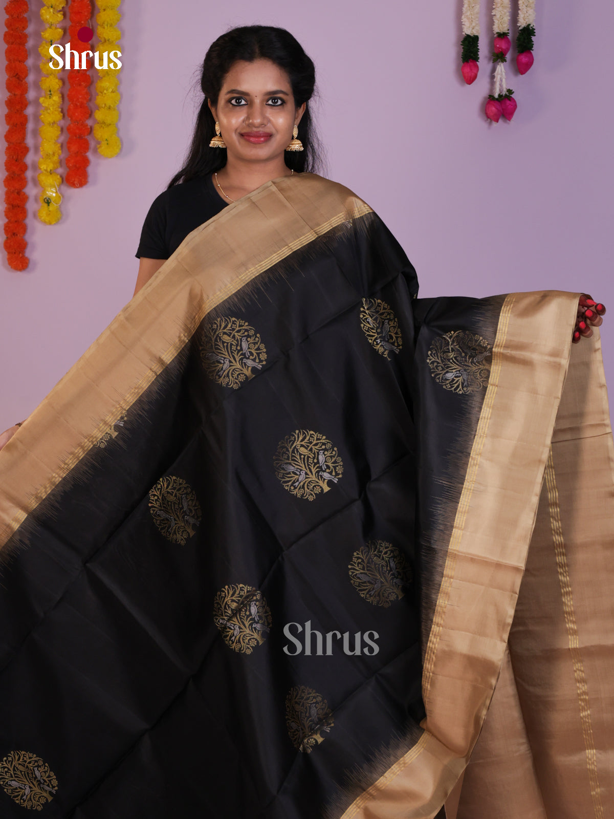 Gorgeous Black & Beige Soft Silk Saree gleams with zari tree motifs - Shop on Shrus.com